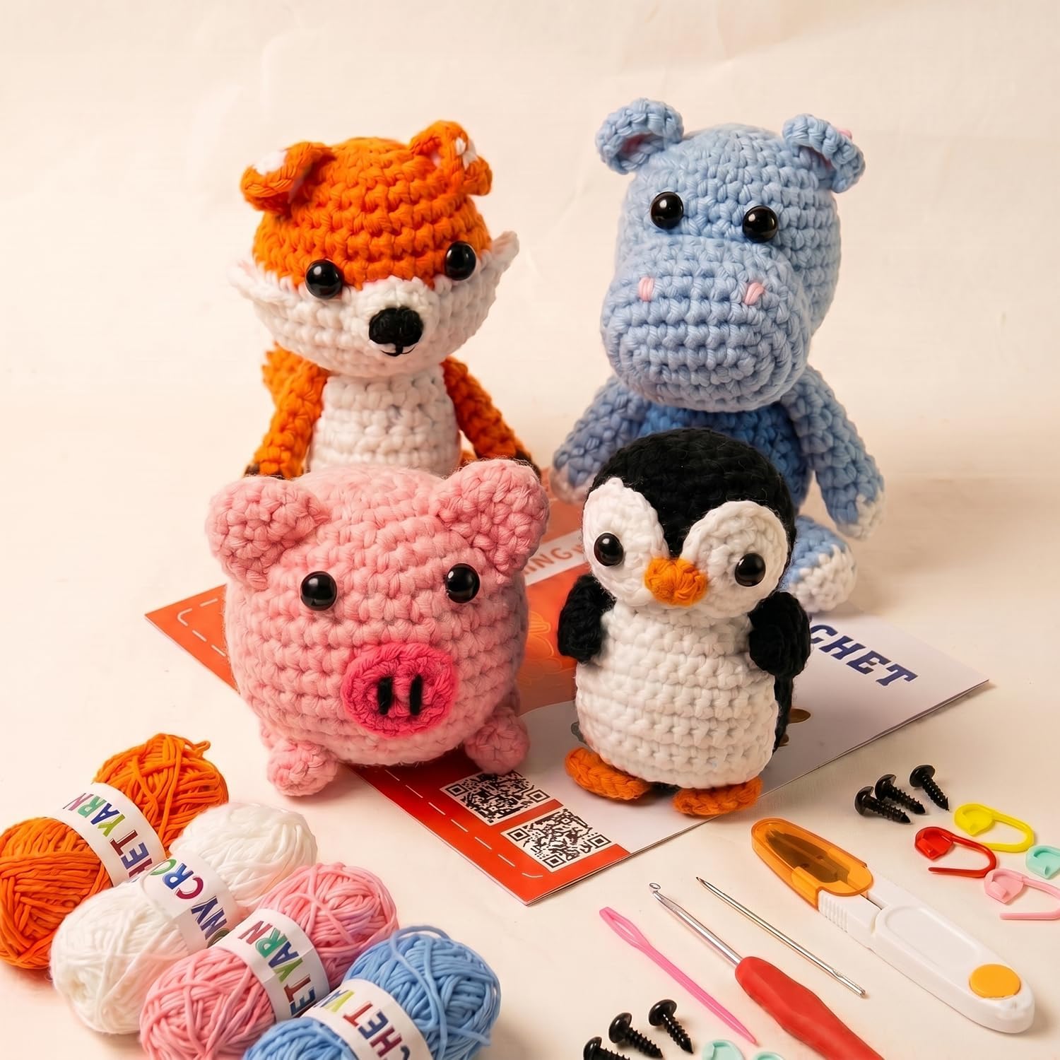 VINTAGE EMBROIDERY V.E. Animal Crochet Kit for Beginners Adults - Complete Kit with Step-by-Step Video Tutorials - Learn to Crochet Starter Kit with Yarn, Hooks, and Accessories (4pcs Set)
