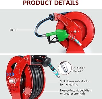 Fuel Hose Reel with Fueling Nozzle, 3/4 x 50FT Retractable Diesel Hose Reel, 300 PSI Industrial Heavy Duty Auto Swivel Rewind Hose Holder Reels, for Vehicle Tank Truck Trailer Ship