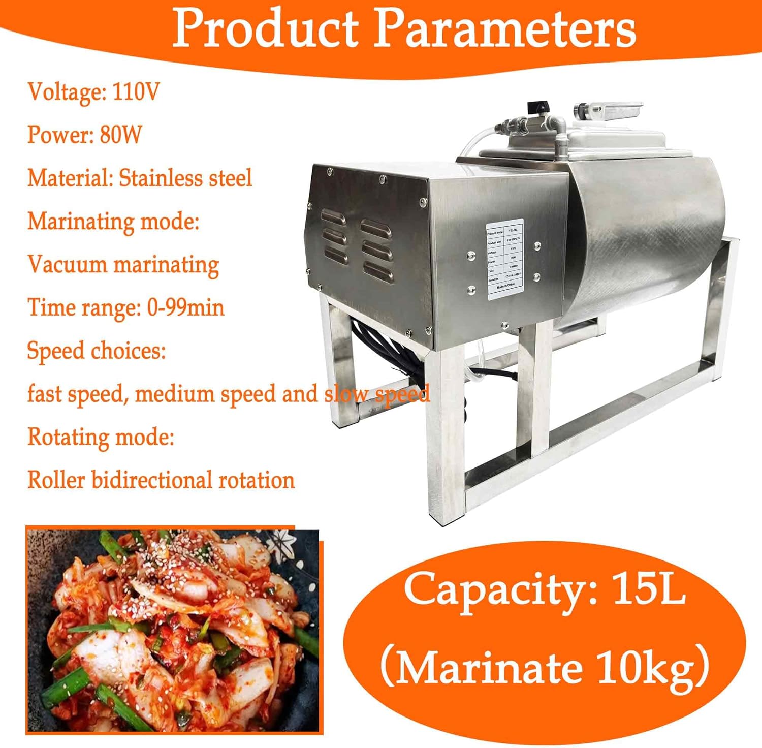 110V 15L Vacuum Pump Meat Tumbler Marinator, 80W Stainless Steel Circular Barrel for Meat, Vegetables, Chicken, 360° Rotation, Automatic Timer, Fast Flavor Infusion