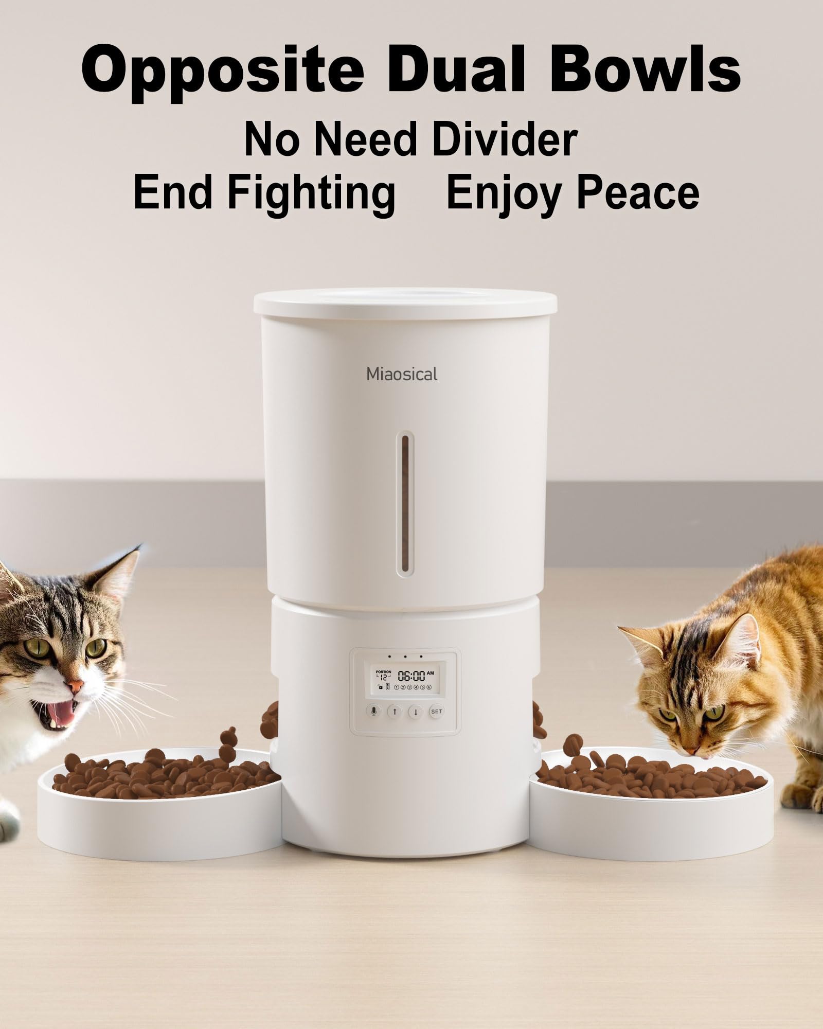 Miaosical Distributeur Croquettes Chat Automatique avec Double Bol pour 2 Chats, Chatons et Petits Chiens (Blanc, 4.2L+De Base 2 Bols)