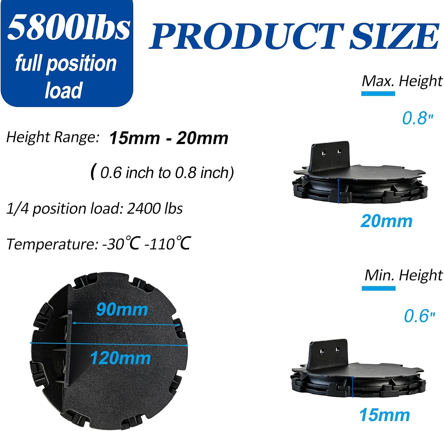 15-20mm Adjustable Deck Blocks, Heavy Duty Deck Foundation Base Support | 50 PCS Decking Foundation Blocks Level up 0.6" to 0.8", Deck Pedestal Flooring Platform Joists Beams Support