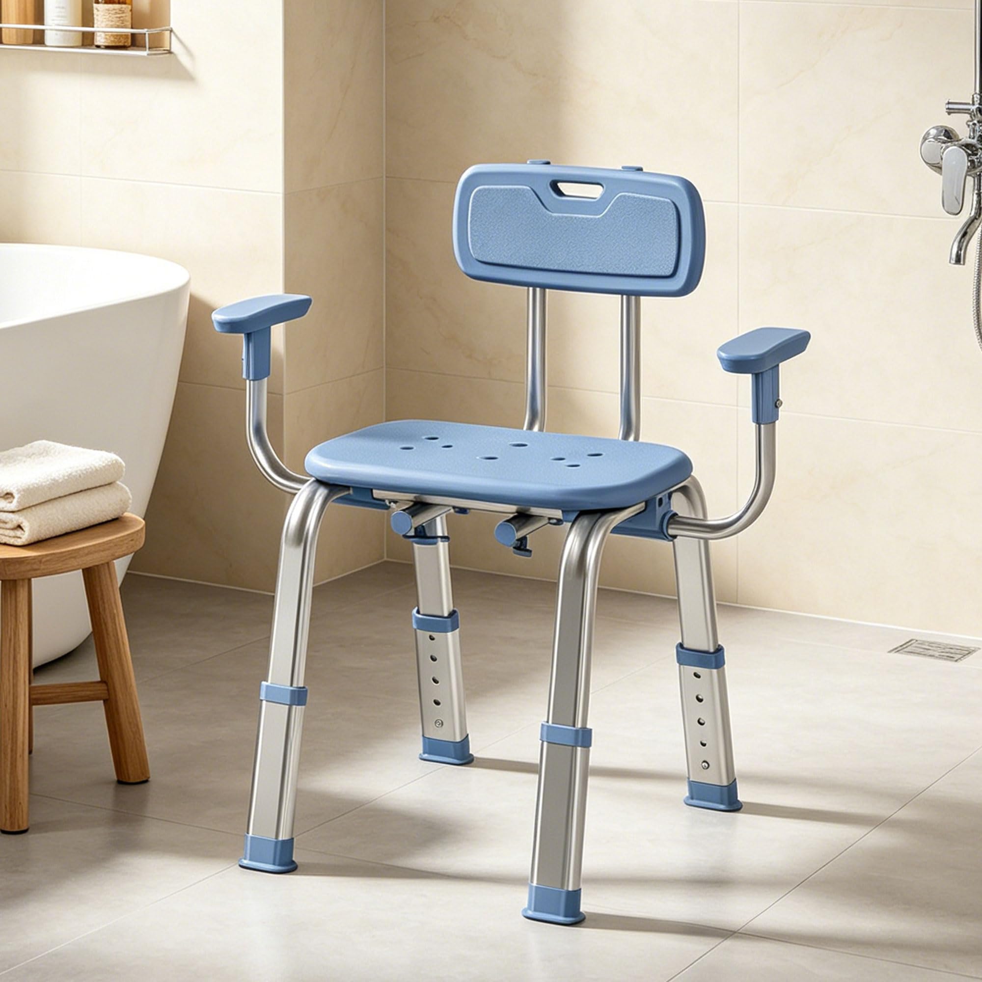 HOMCOM Silla Ducha Personas Mayores con Reposabrazos Ajustable 150 kg | Taburete de Baño Antideslizante con Respaldo, Altura Ajustable, Ancianos, Discapacitados, Minusválidos