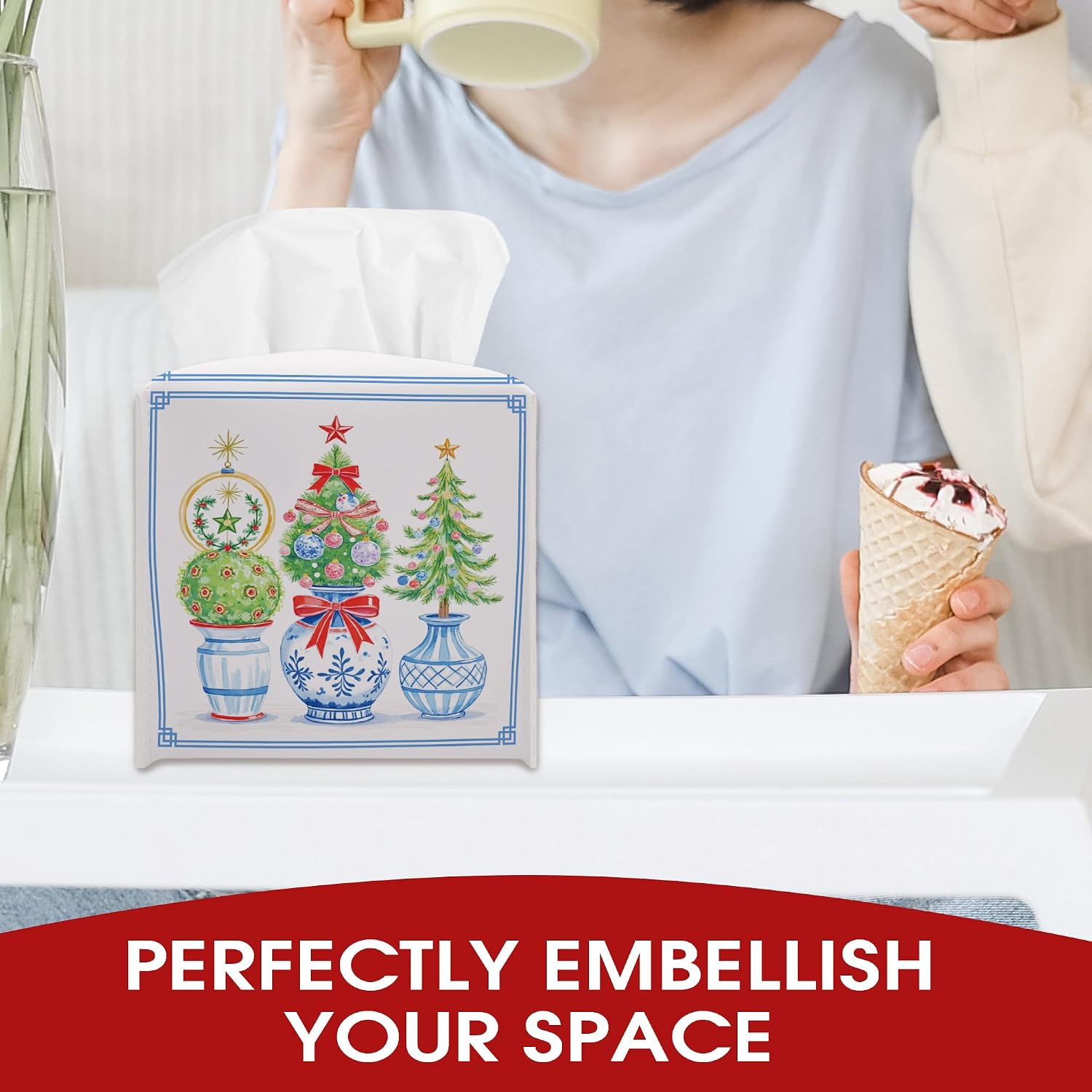 Christmas Trees Tissue Box Cover Square, Christmas Leather Tissue Box Cover Holder, Xmas Gift Ideas for Family Friends, Bathroom Kitchen Car Office Decor, Porcelain Print (5.2 Inches)-B03 image 5