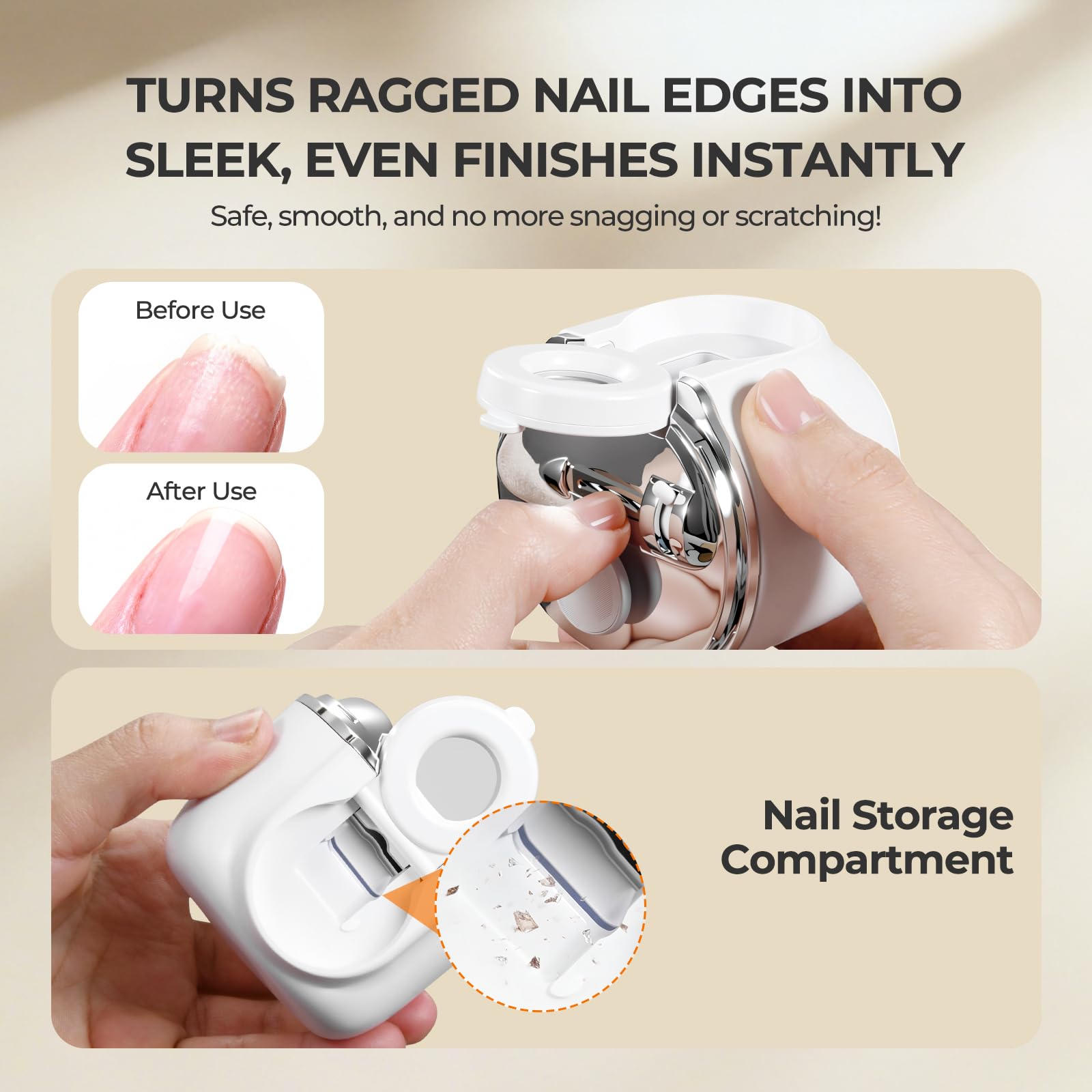 Electric Nail Clipper with Polishing and Magnifying Glass, 3-Speed Electric Nail Trimmer with Display, LED Light and Nail Scraps Storage, Automatic Nail Trimmer for Adults, Seniors and Kids - White — view 4