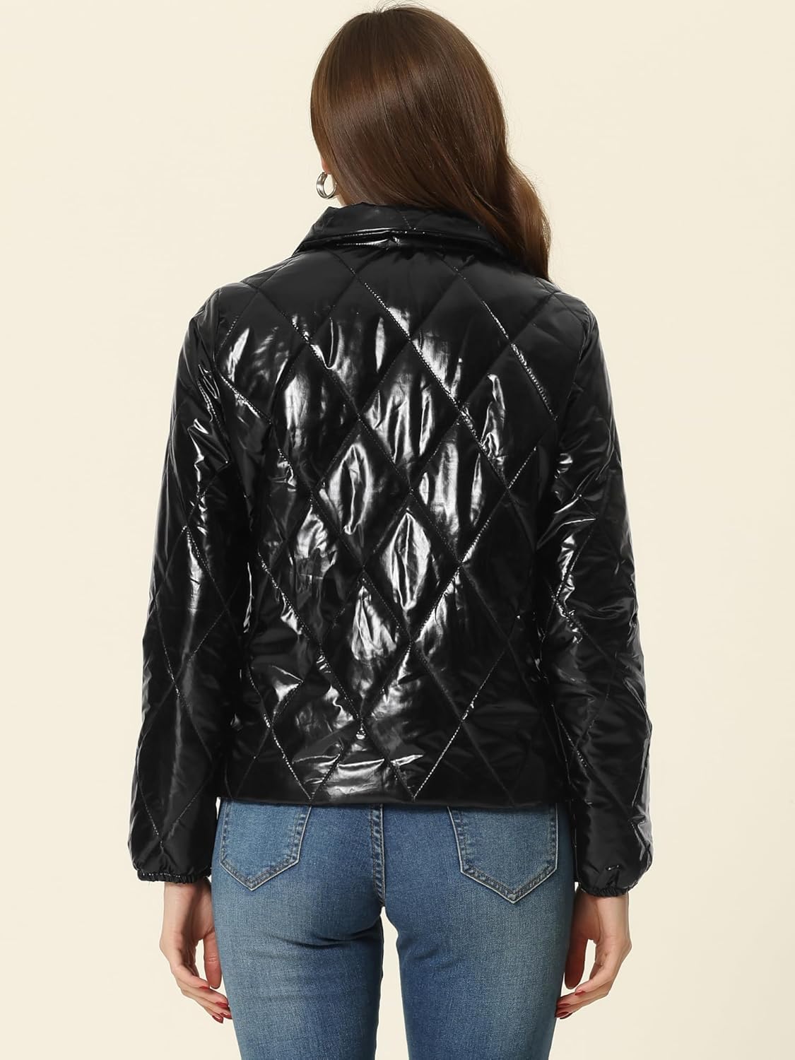 Allegra K Women's Christmas Puffer Jacket Holographic Shiny Metallic Jacket