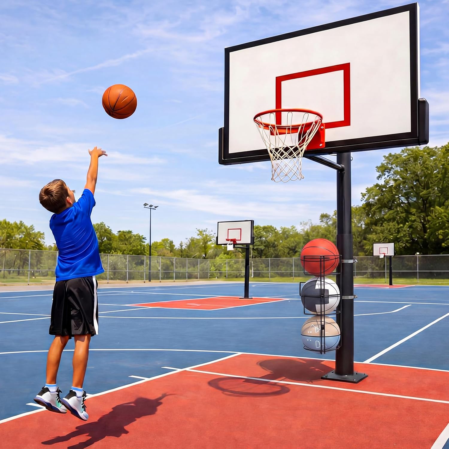 3 Floor Outdoor Vertical Basketball Holder Standing Pole Mount Ball Racks Wall Mount Sport Organizer for 3 Balls for Outdoor Garage Gym Sportground