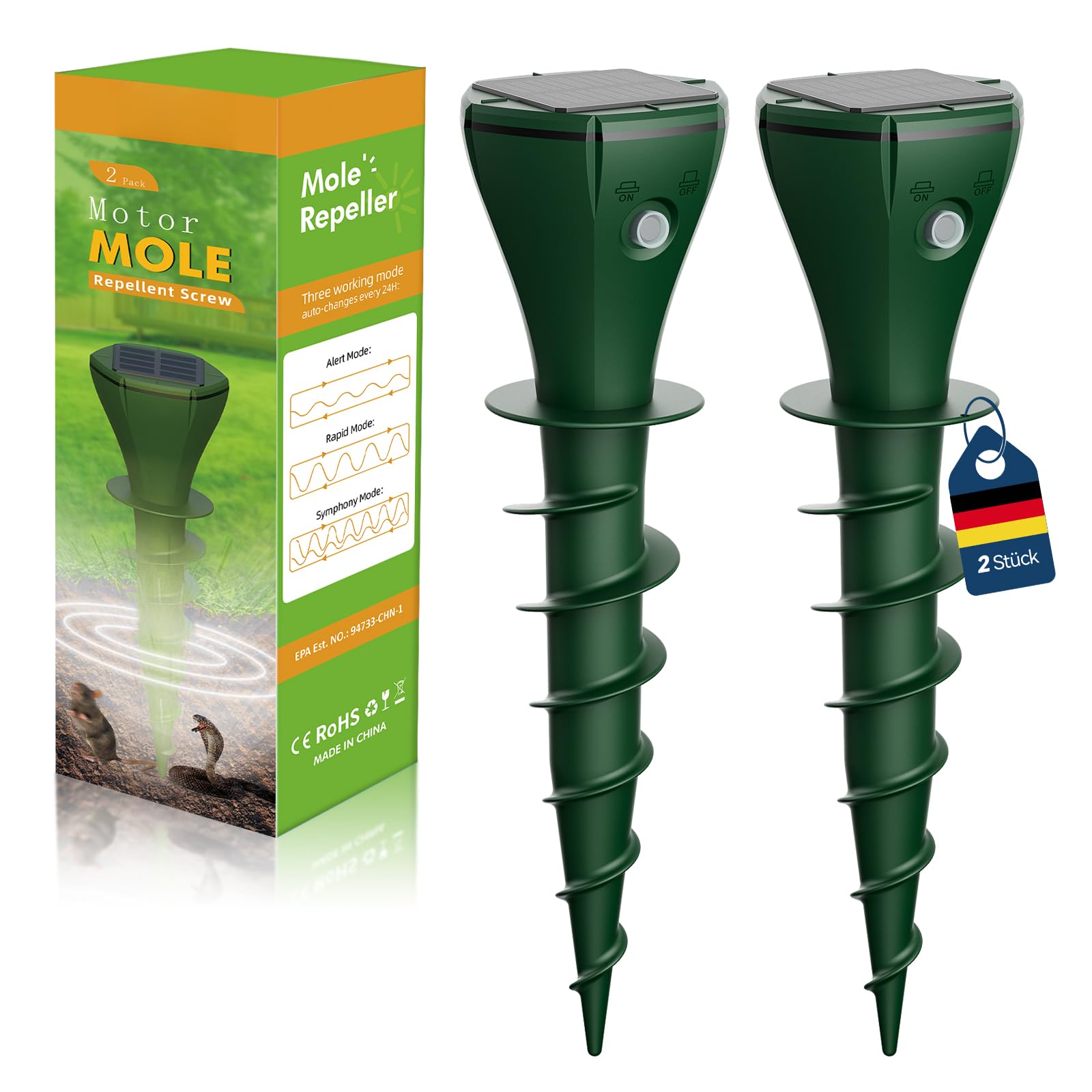 Maulwurf Vertreiber Solar, Wühlmausschreck Maulwurfschreck für Vertreibung von Maulwürfen, Erdhörnchen, Wühlmäusen aus Gärten, Wasserdicht IP65-Grün