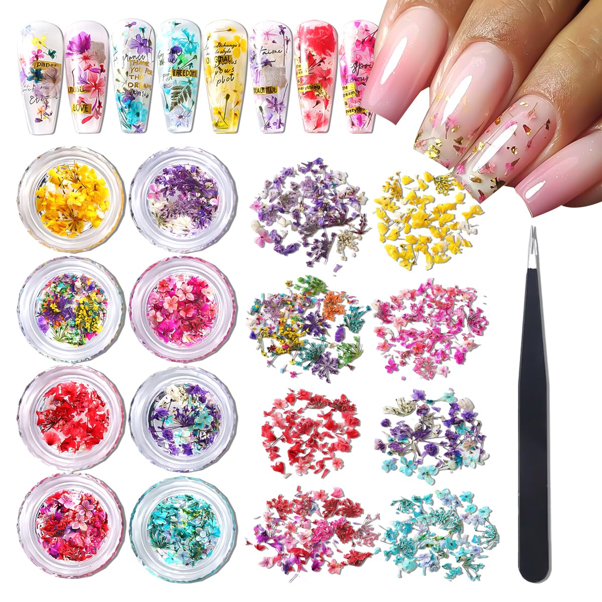 SUTOZMIWE 8 Boxs Dried Gypsophila Flowers Nail Art Decoration Mixed Mini Hydrangea Floral Petals Charms Plant Jewelry Accessories for DIY Crafting