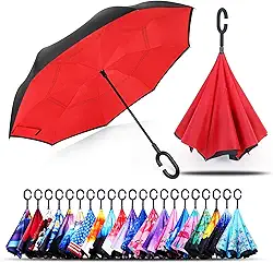 Guarda-chuva invertido dobrável de camada dupla à prova de vento, proteção contra chuva de cabeça para baixo, guarda-chuvas reversíveis para carro com alça em forma de C