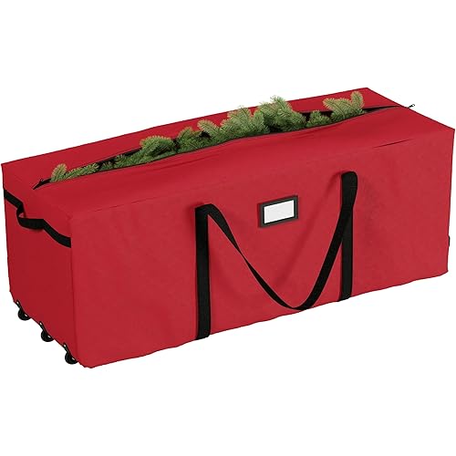 Christmas Tree Storage Bag with Wheels - Canvas Duffel for 12-Foot Fake Trees and Protecting Holiday Decorations and Inflatables by Elf Stor (Red)
