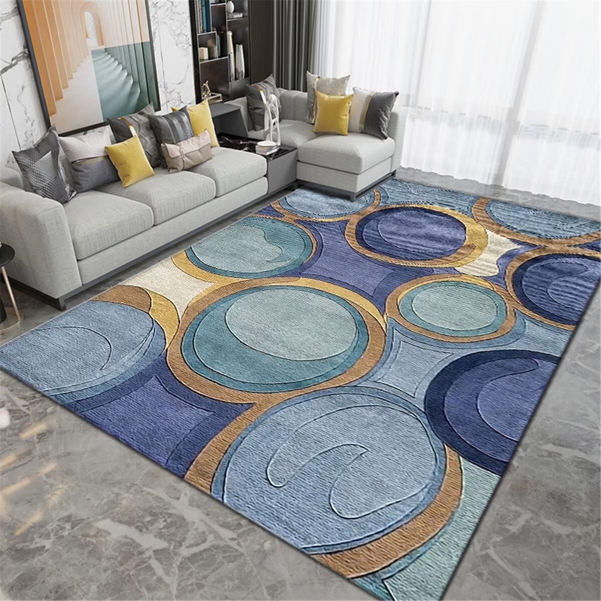 Tapis garçon chambre bleu design géométrique rond tapis salon antidérapant