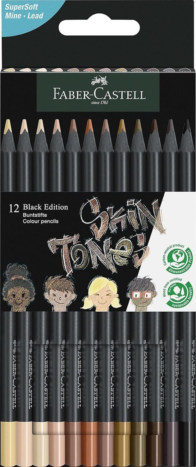 Faber-Castell 116411 - Crayons de couleur Black Edition, étui carton de 100 pièces & 116414 - Crayons de couleur couleur chair Black Edition, étui carton de 12 pièces