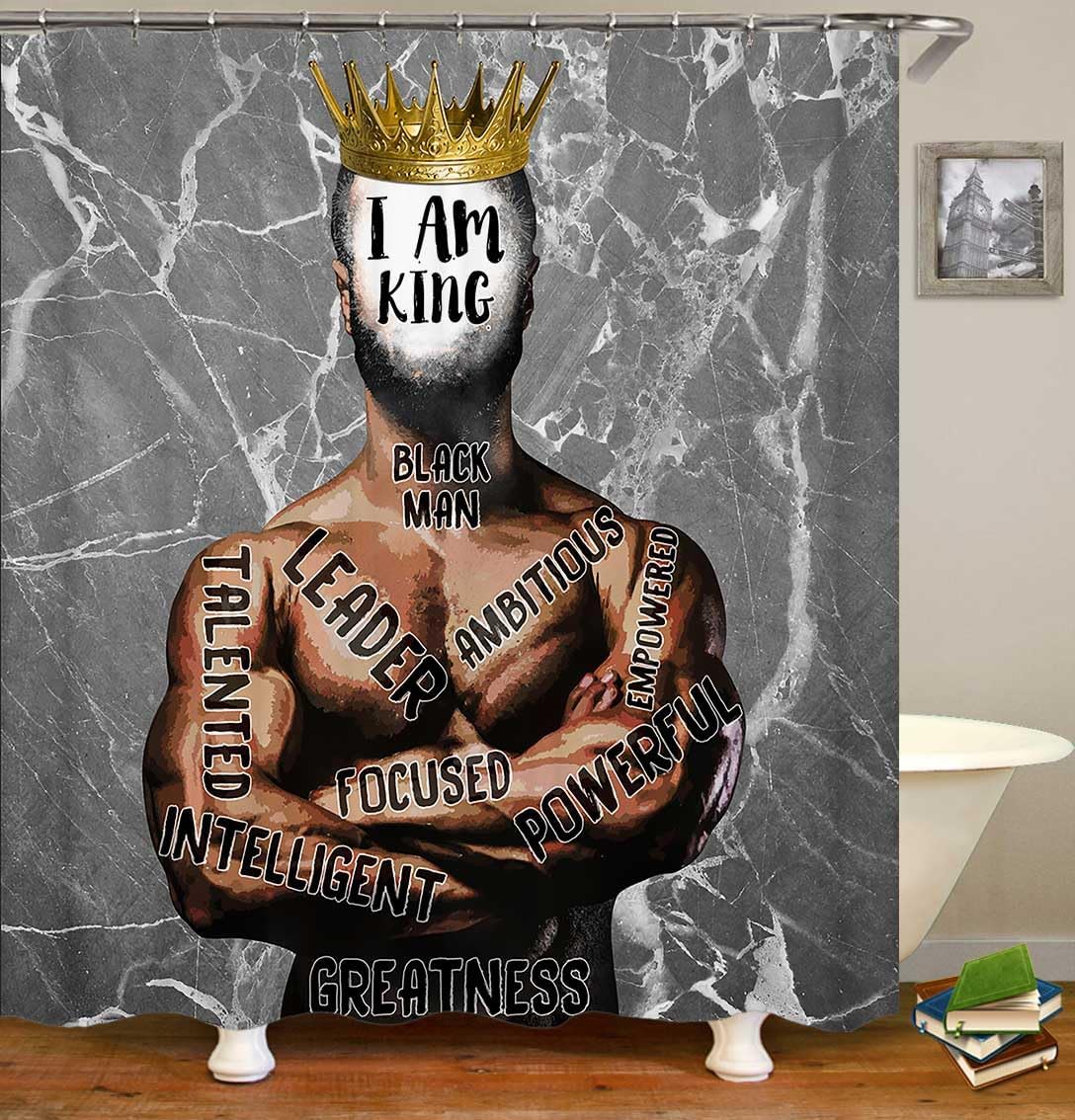 Jayden Madge 4PCS African American Shower Curtain Set, Grey Marble Positive Motivational Quotes Painting Black Man King Crown Modern Bathroom Decor, Waterproof Fabric Shower Curtain, Non-slip Bath Mat