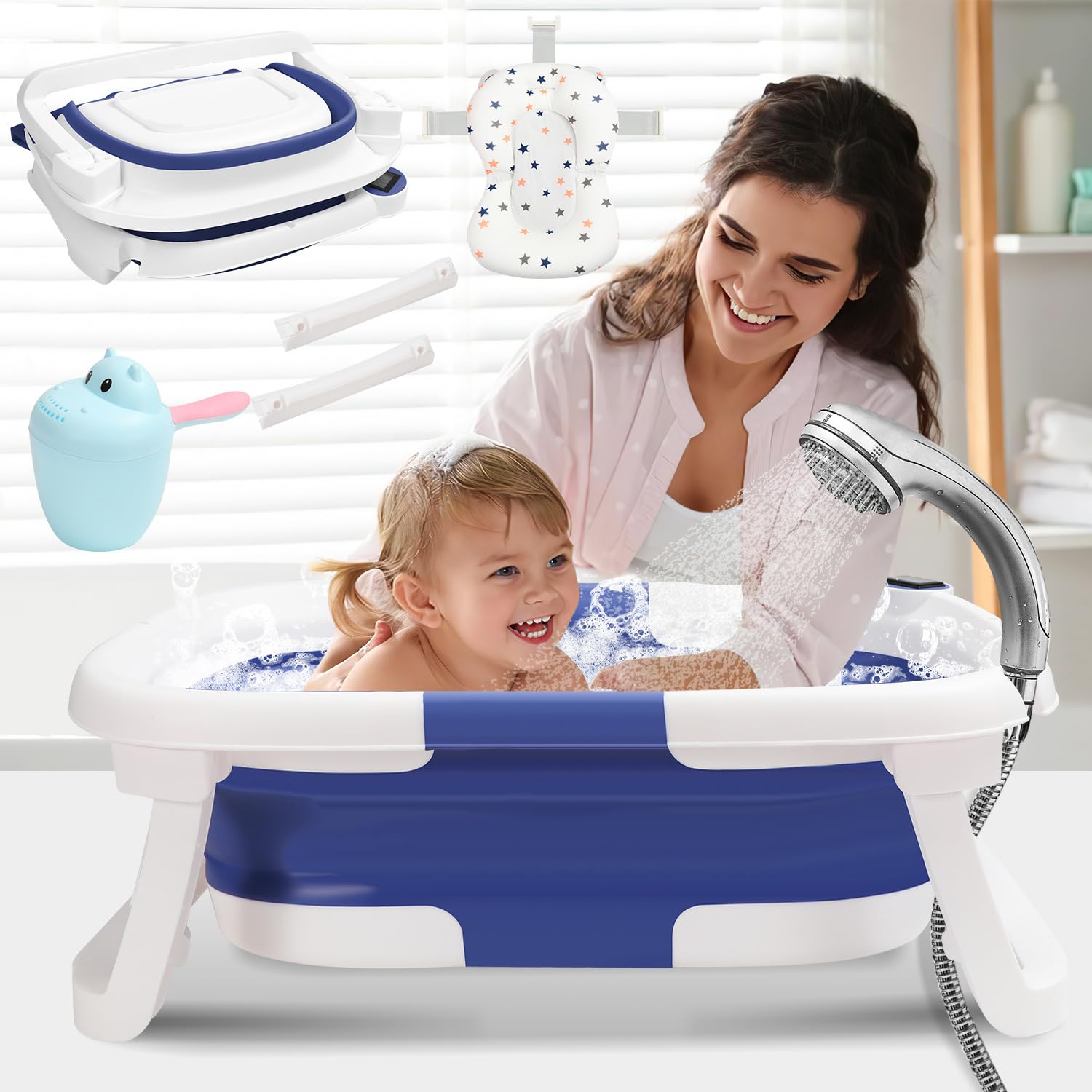 Daromigo Bañera plegable para bebé, con termómetro, con cojín suave, soporte antideslizante, ahorra espacio, para recién nacidos, color azul