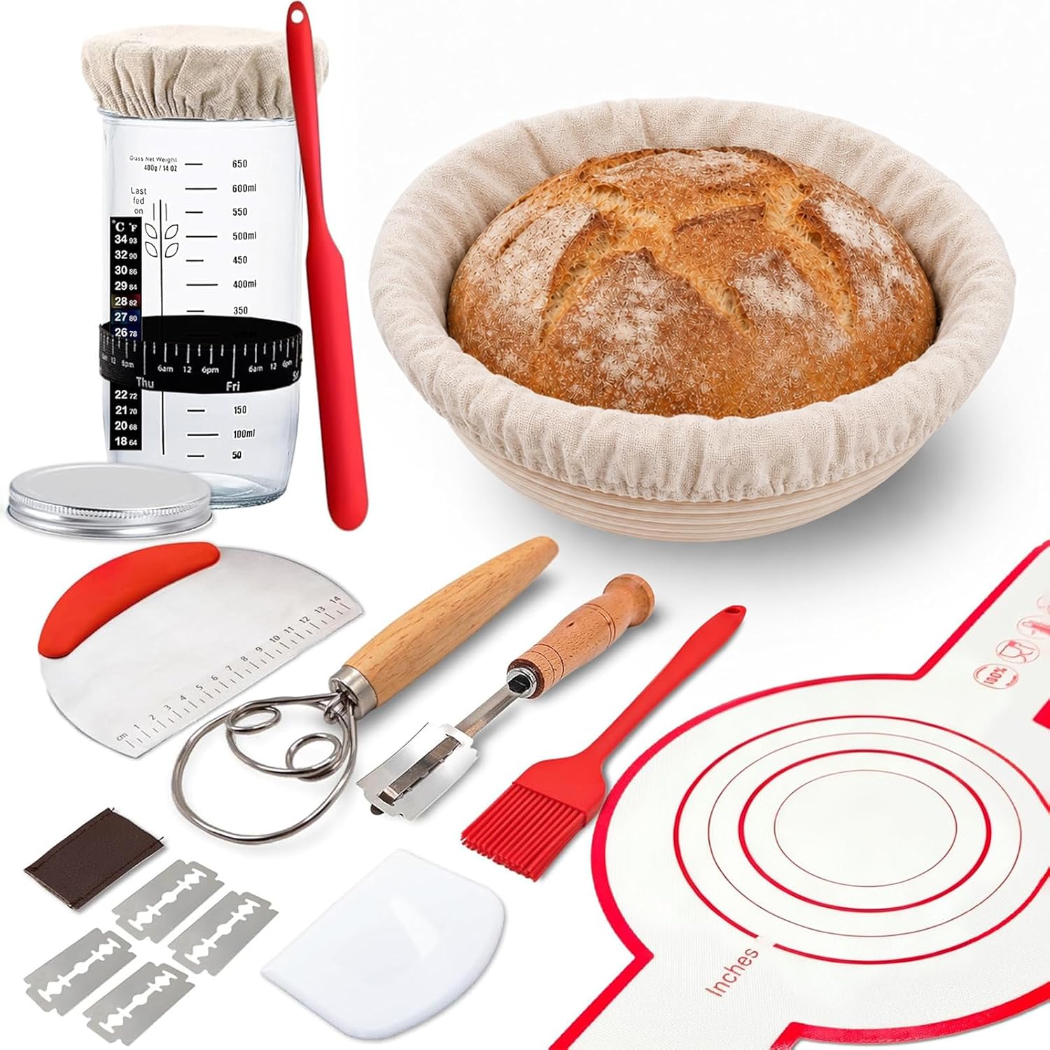 Sourdough Starter Kit, Sourdough Bread Baking Supplies, Sourdough Fermentation Kit, Banneton Bread Proofing Basket with Sourdough Starter Jar, 9inch Round Bread Proofing Basket, for Bread Baking