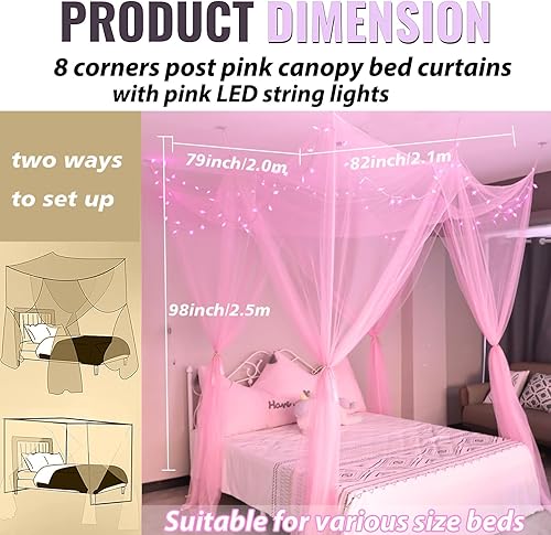 Miniatura 5 de Toldo de cama rosa con luces para niñas, toldo de 8 esquinas con luces LED de estrella rosadas, control remoto para dormitorio de niñas, toldo de