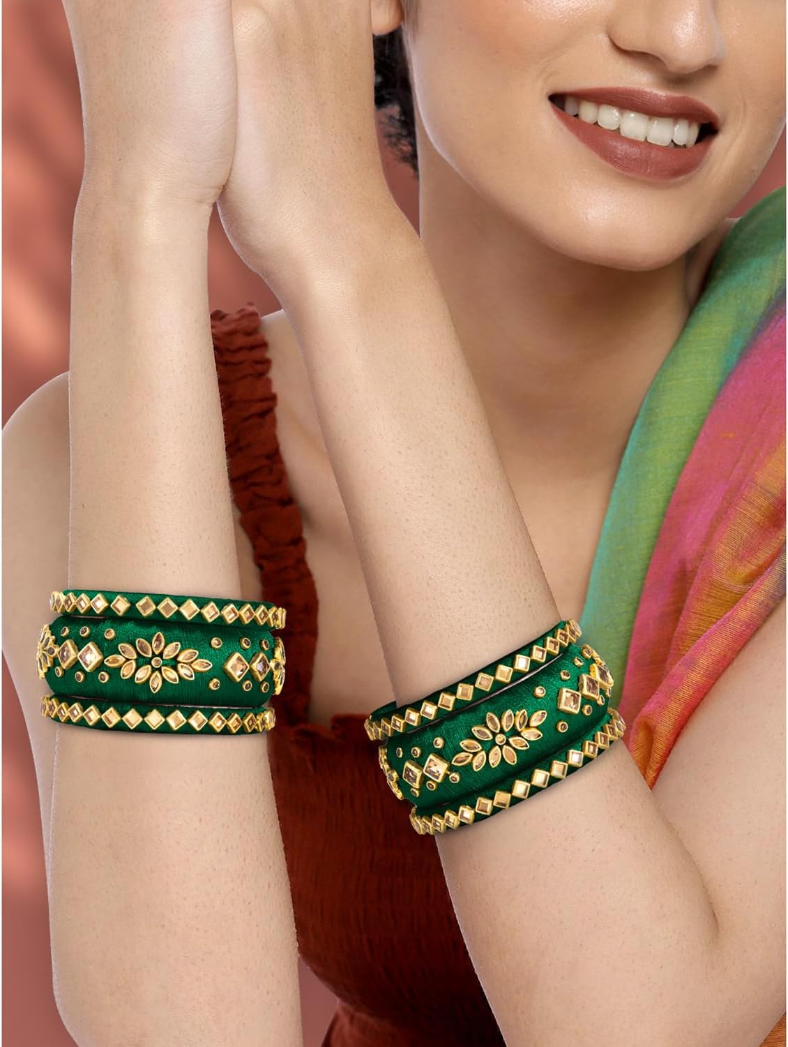 Aheli Matching Floral Kundan Silk Thread Chuda Chura Bangle Set Indian Traditional Bridal Fashion Jewelry Gift for Women - Image 3