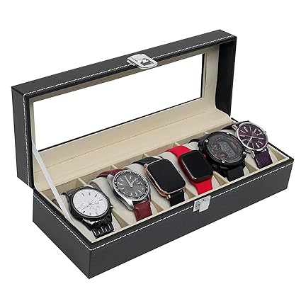 BIGXEN Watch Box Organizer -6 Slot Watch Storage Holder and Display Collection Box with Transparent Glass-Watch Case Organiser for Men and Women-Travel Friendly Box for Gifts-1PCS