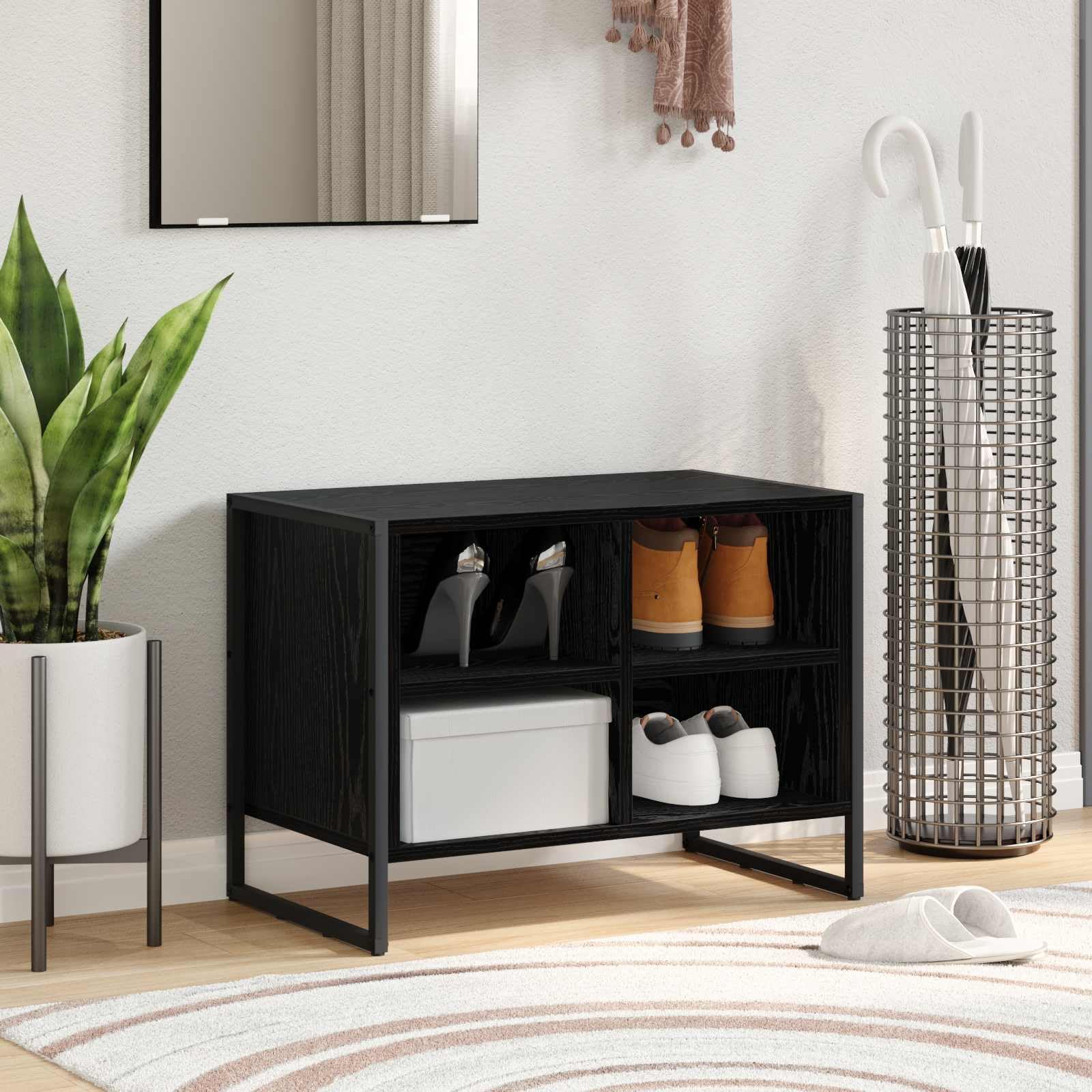 Schuhschrank Schwarz Eichen-Optik 60 x 35 x 44 cm Holzwerkstoff, schmaler Schuhständer mit Stauraum, platzsparende Schuhablage für Flur und Diele, geschlossene Aufbewahrung