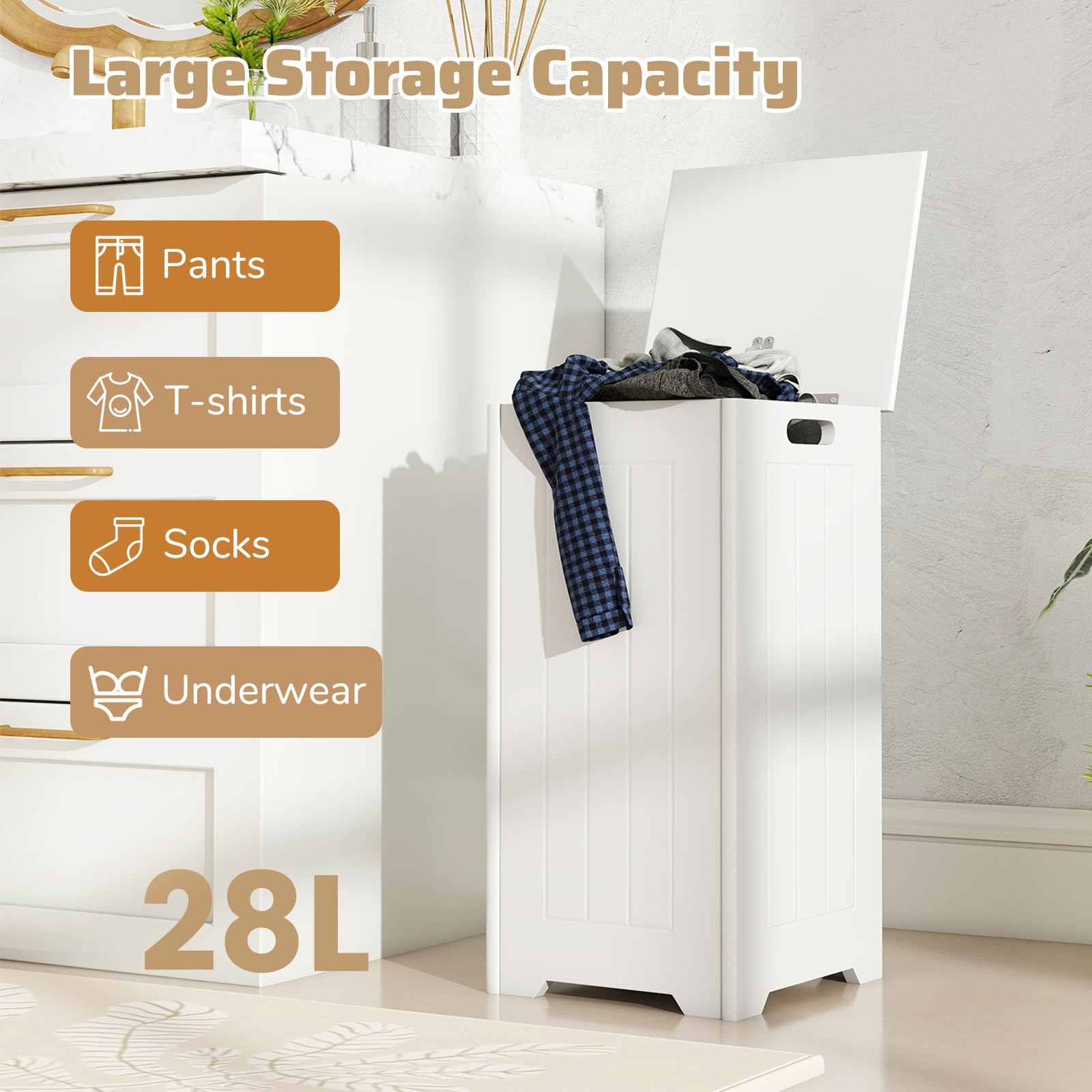 LIFEZEAL Cesto Portabiancheria Sporca, 54L, con Coperchio, Portabiancheria Sporca, per Bagno, Cesta Panni Sporchi, Portabiancheria Salvaspazio, Bianco (con sacco)
