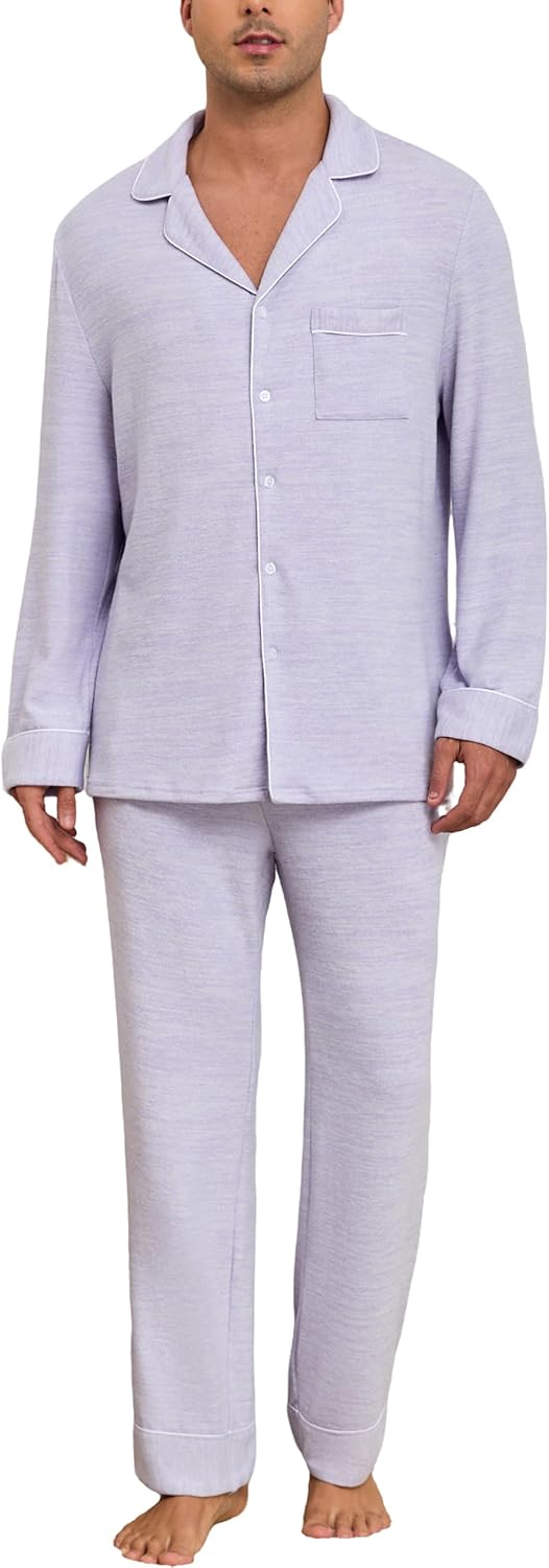 Veseacky Mens Pajamas Set Long Sleeve Soft Pajamas for Men Button Down Sleepwear Pjs Lounge Sets with Pockets S-2XL