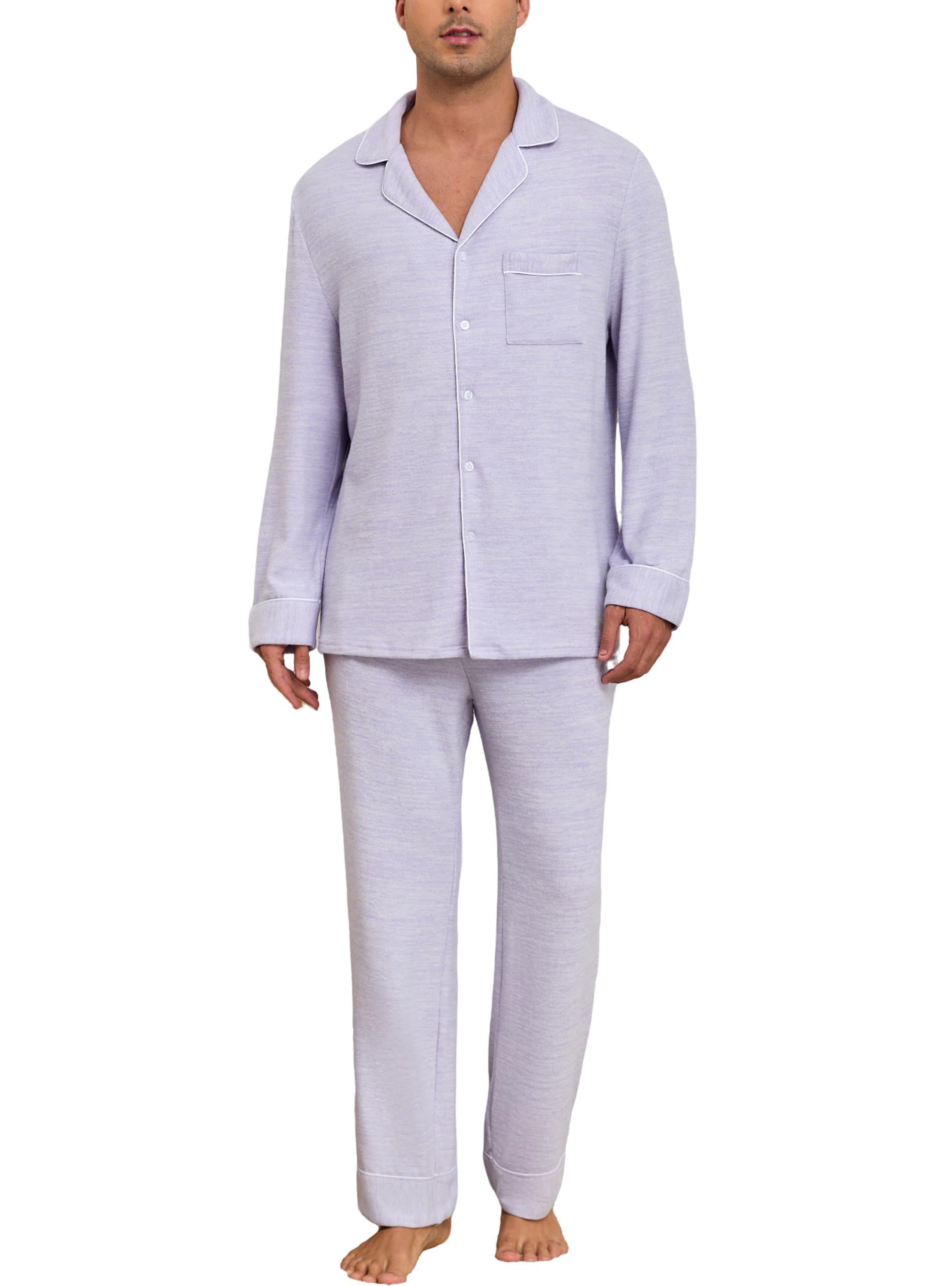 Veseacky Mens Pajamas Set Long Sleeve Soft Pajamas for Men Button Down Sleepwear Pjs Lounge Sets with Pockets S-2XL