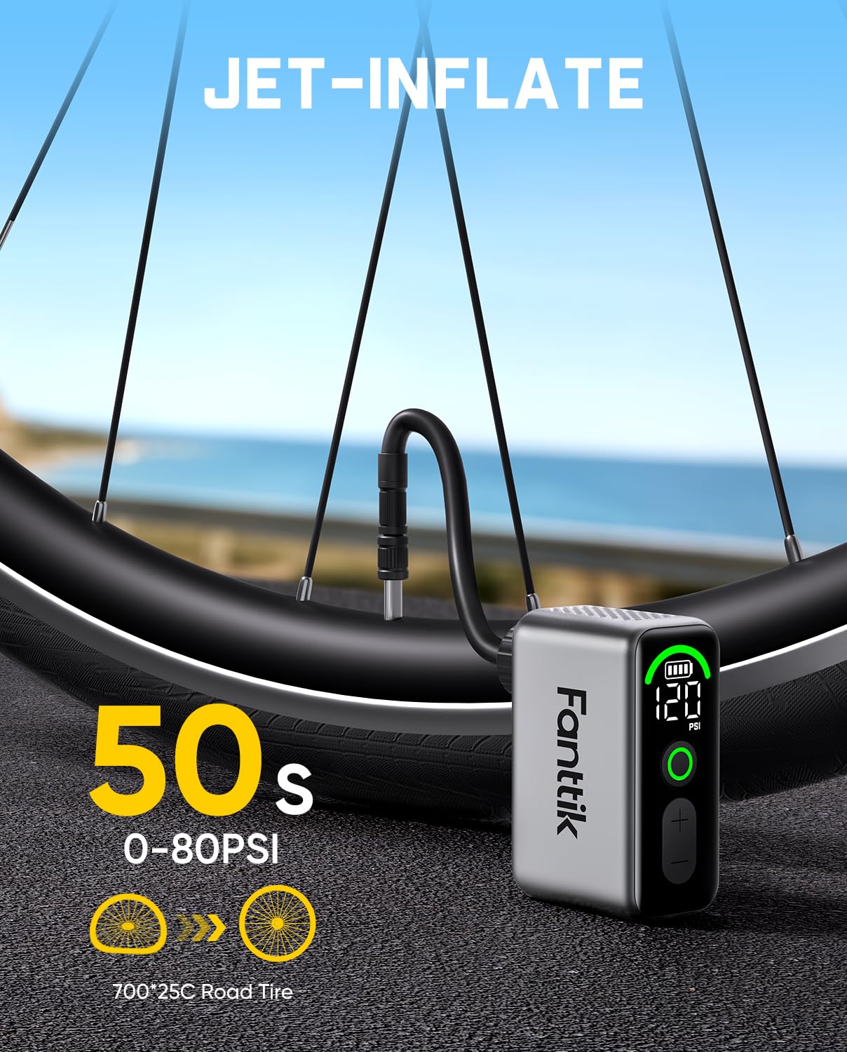 Bomba eléctrica para Bicicletas Fanttik X10 Ace Tiny Mini, Bomba de Aire compacta de 120 PSI con válvula Presta y Schrader, Bomba eléctrica de inflado rápido para Bicicletas,