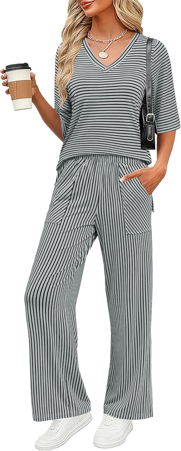 LOMON Women's 2 Piece Lounge Pajama Sets Soft 3/4 Sleeve Tops and Wide Leg Pants Loose Casual Outfits with Pockets