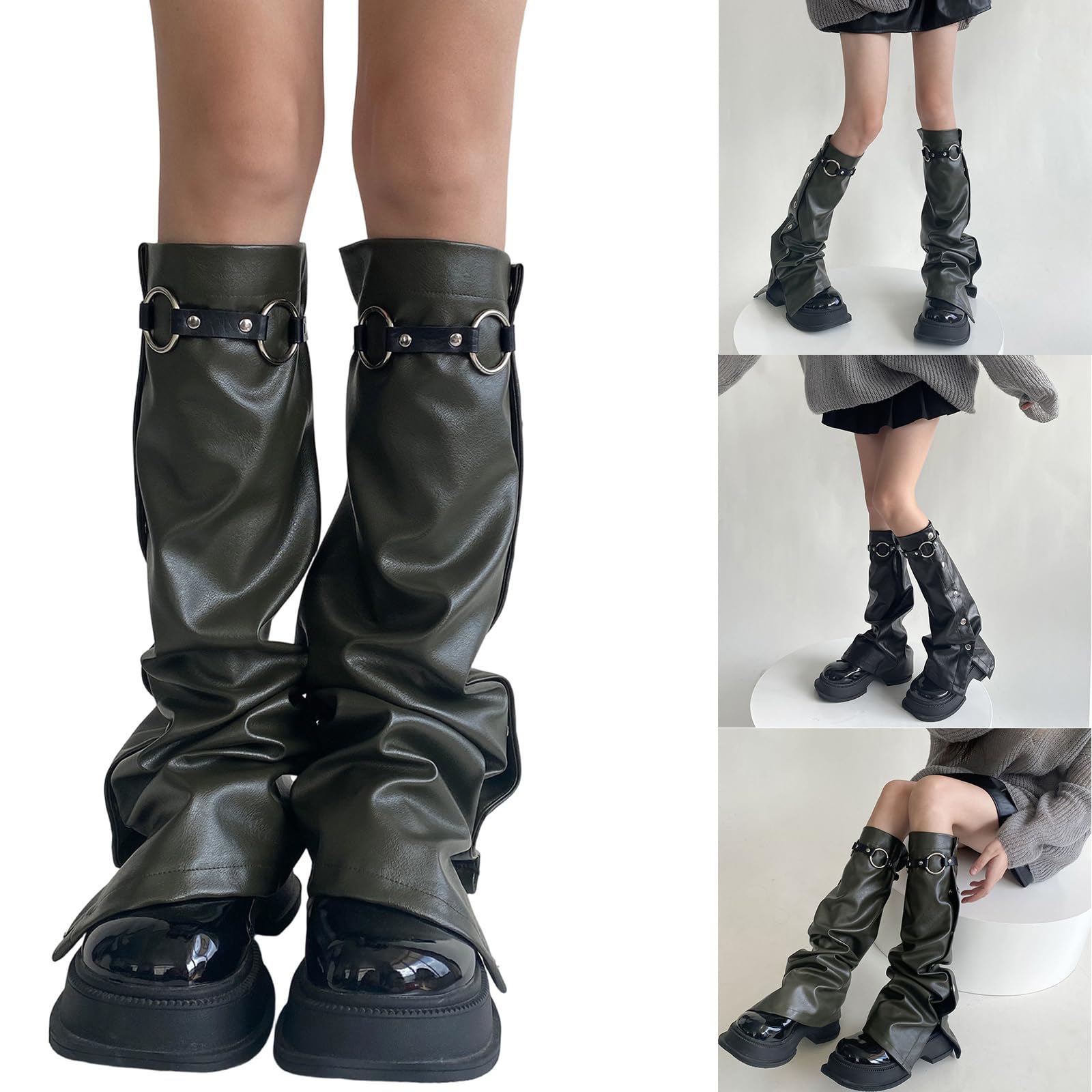 Subcultures Calentadores de pierna de cuero para mujer con hebilla y botones laterales con amplias cubiertas para botas acampanadas calcetines de pantorrilla callejero calentadores de piel