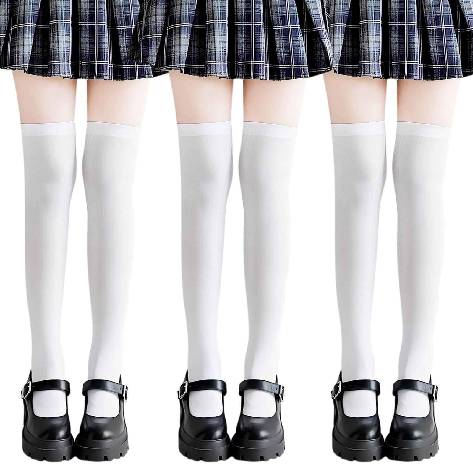Zekexbe Women's White 3 Pairs Over The Knee Socks Cotton Girls Thigh High Socks Knee High Socks For School Uniform Cosplay Daily Wear (White)