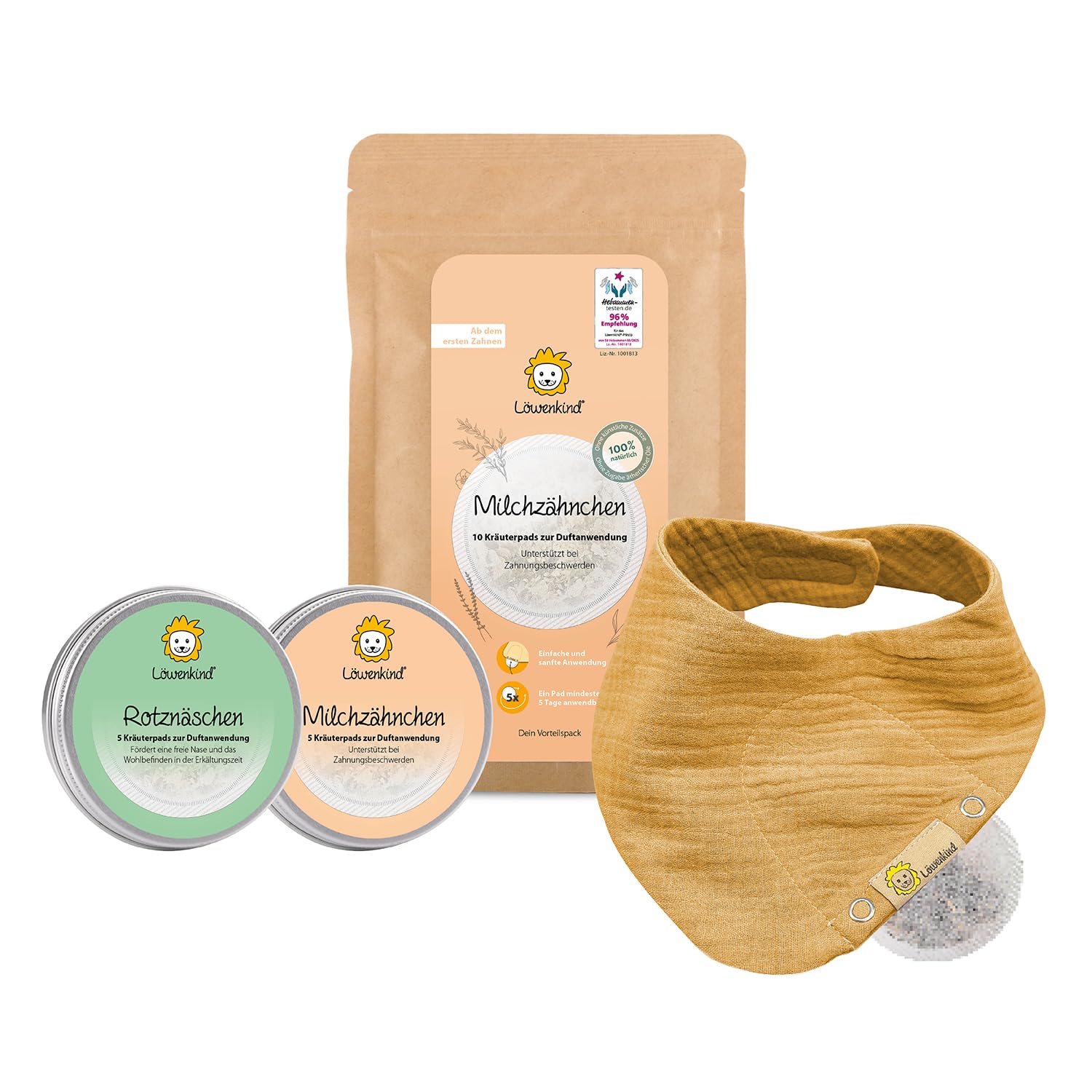 LÖWENKIND Milchzähnchen-Special | ab Geburt | Natürliche Zahnungshilfe ohne Zusatz ätherischer Öle | 20 Kräuterpads Rotznäschen und Milchzähnchen | Musselin-Halstuch mit Padtasche (Senfgelb)