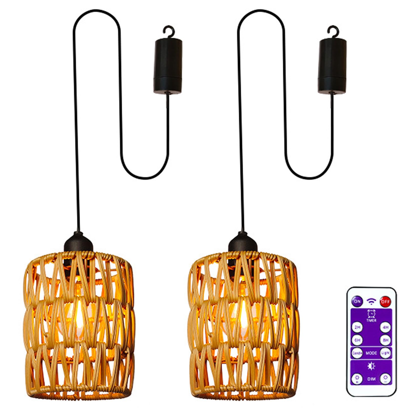 2 lámparas colgantes de ratán con batería, lámpara con pantalla de ratán y mando a distancia, resistente al agua, estilo bohemio, sin electricidad, para interior y exterior, jardín, balcón
