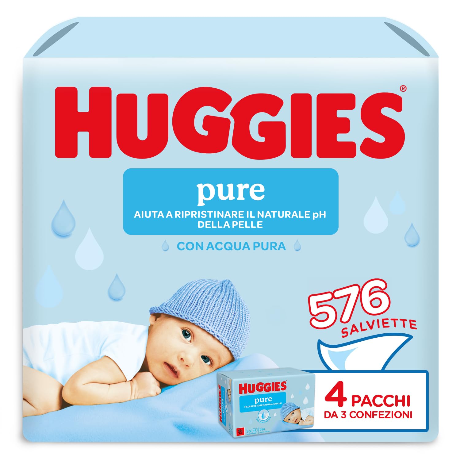 Huggies Pure Salviette Umidificate per Bambini, 12 Pacchi da 48 Pezzi, 576 Pz