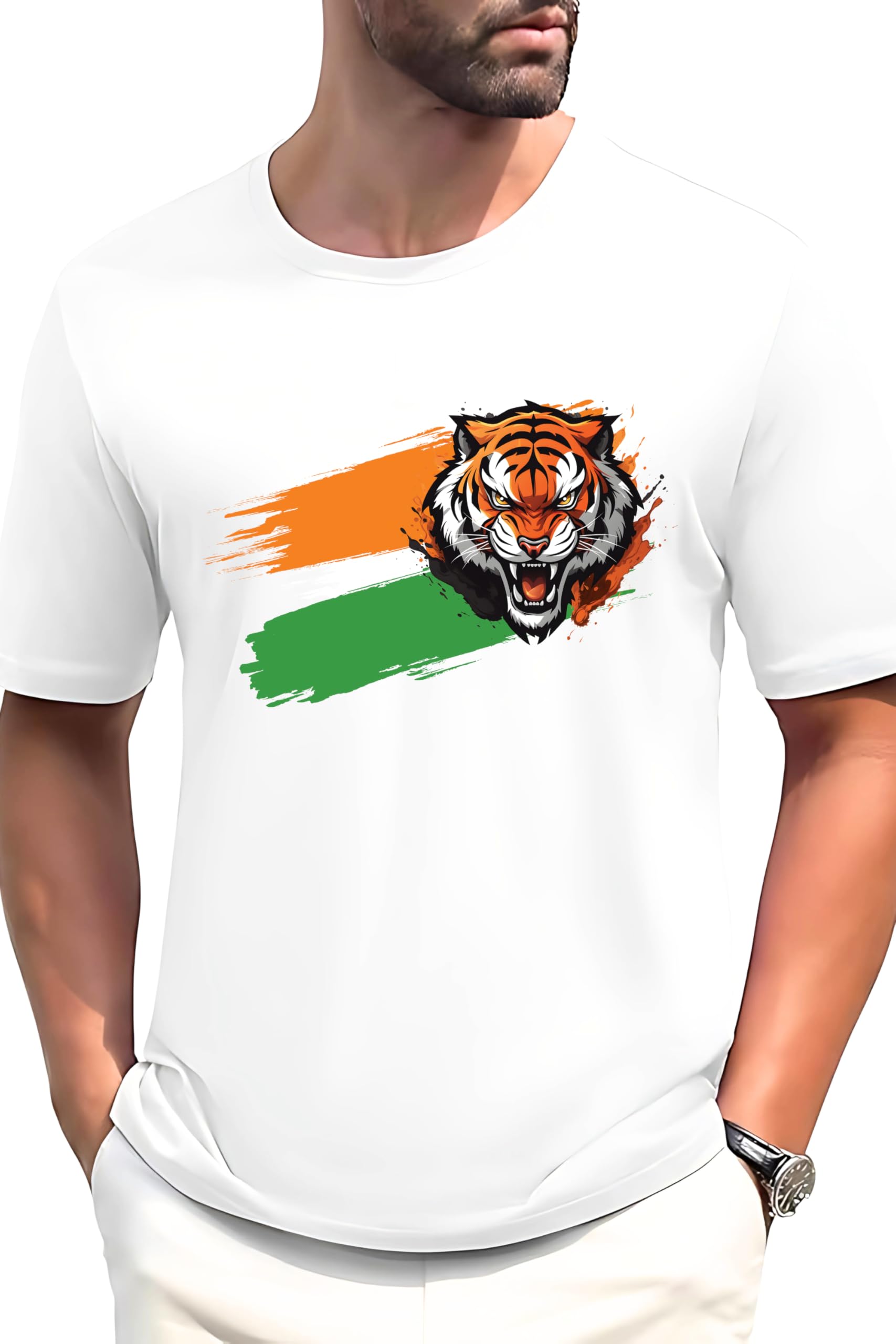 Graphic Printed T-Shirt for Unisex Indian Tricolor Creative Artwork Tshirt | Casual Half Sleeve Round Neck T-Shirt | 100% Cotton |-image-27