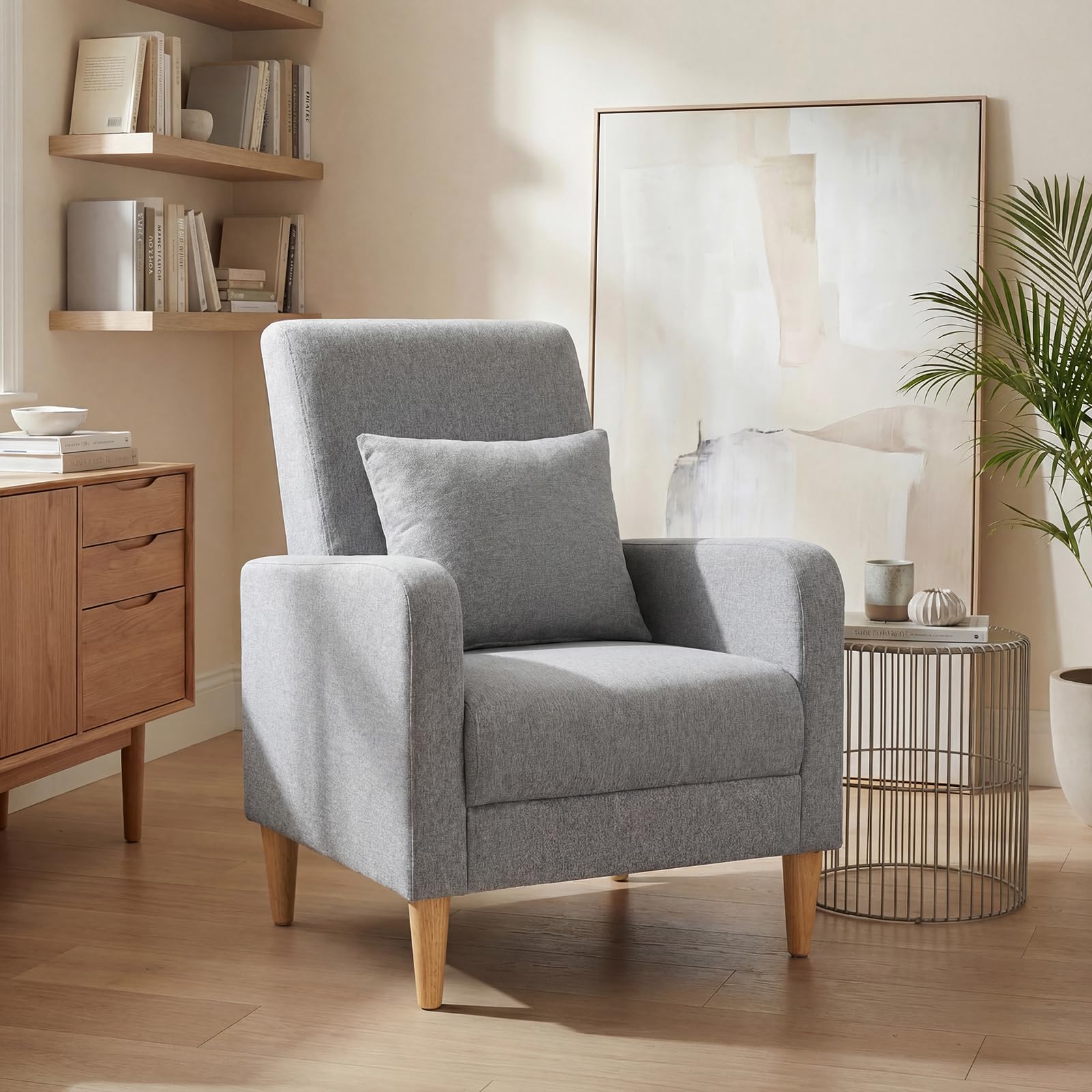 COLAMY Mid-Century Modern Upholstered Accent Chair with Back Pillow & Solid Wood Legs, Fabric Cozy Armchair for Living Room, Bedroom, Reading Nook,