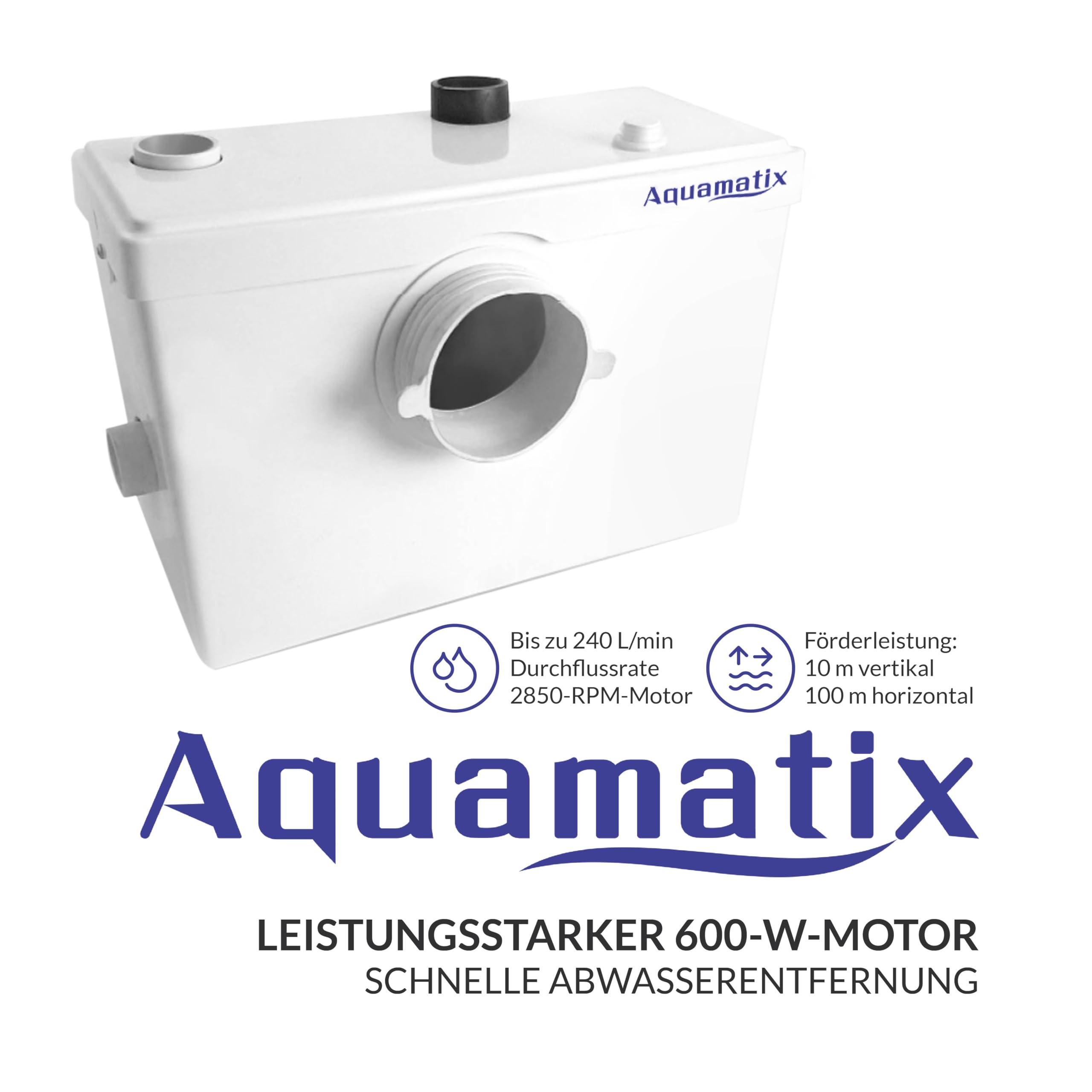 Aquamatix Kleinhebeanlage Hebeanlage 600 W mit Häcksler, Abwasserhebeanlage bis 10 m Förderhöhe, mit 3 Einlässen, für WC, Dusche und Waschbecken
