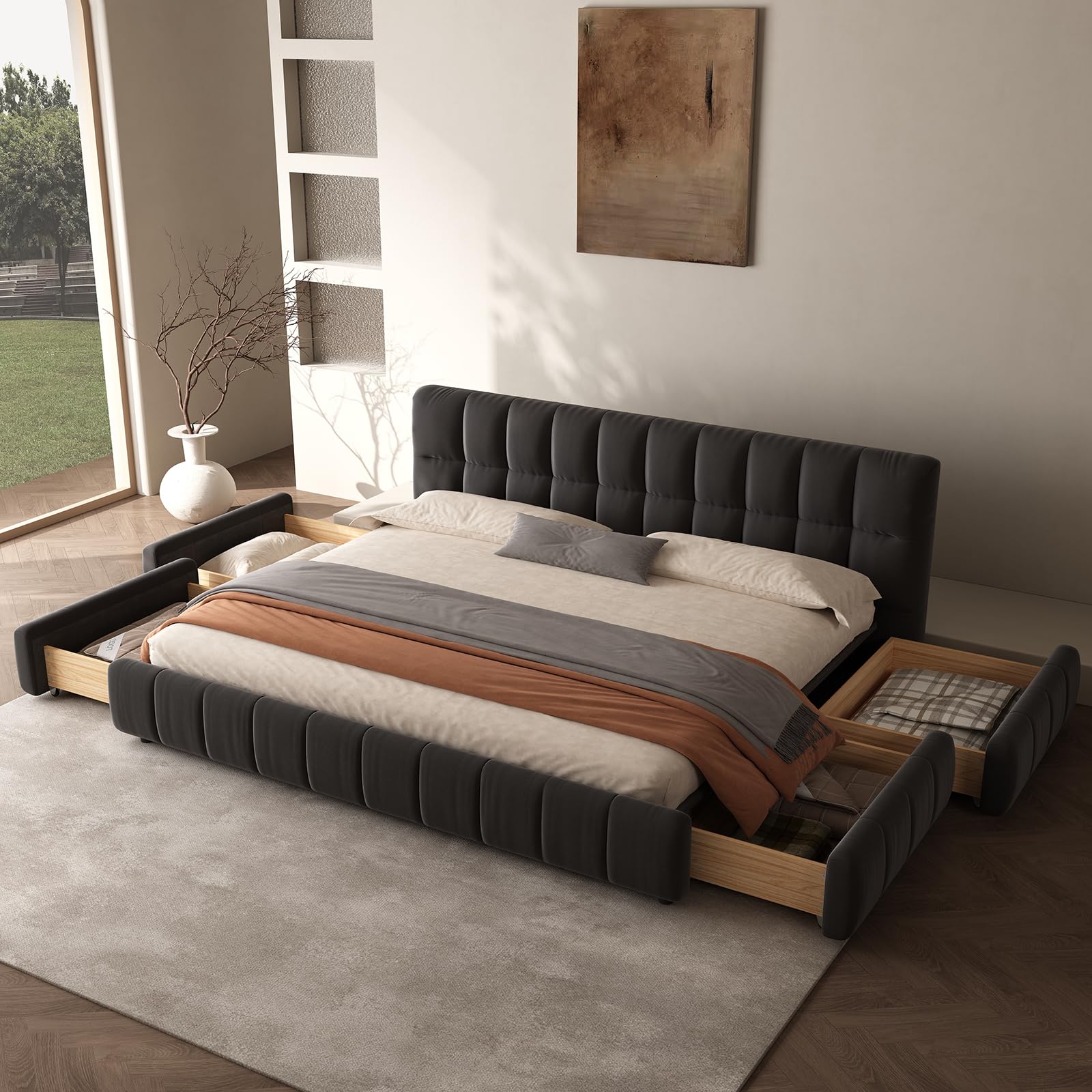 Queen Size Modern Cloud Bed, Platform Bed with Soft Thick Headboard and Footboard (Grey-with 4 Storage Drawers, King (U.S. Standard))