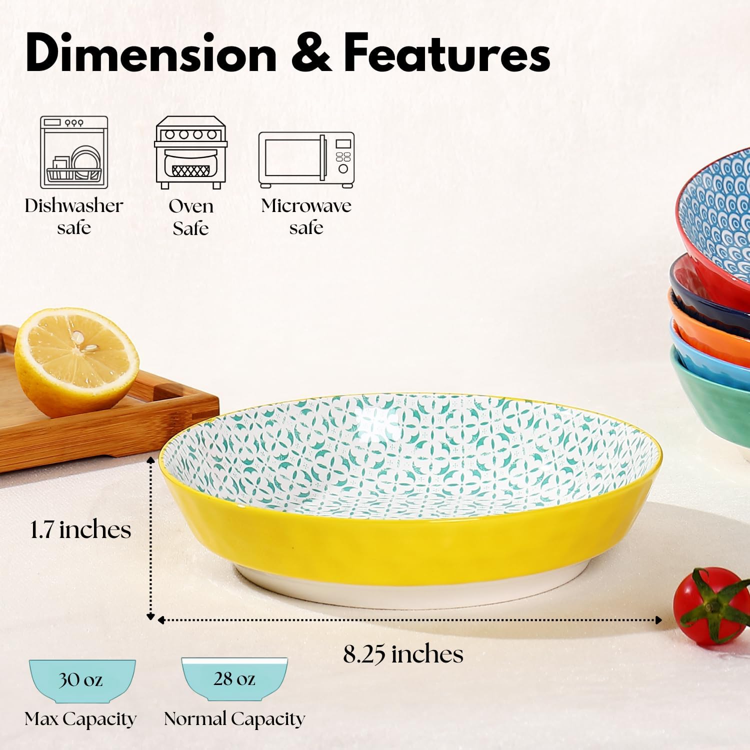 Large Ceramic Pasta Bowls Set of 6, 30 Oz Large Salad Bowls for Kitchen, 8.25 inch Decorative Ceramic Serving Bowl, Pasta Plates, Porcelain Dinner Soup Bowl Set, Microwave&Oven&Dishwasher Safe