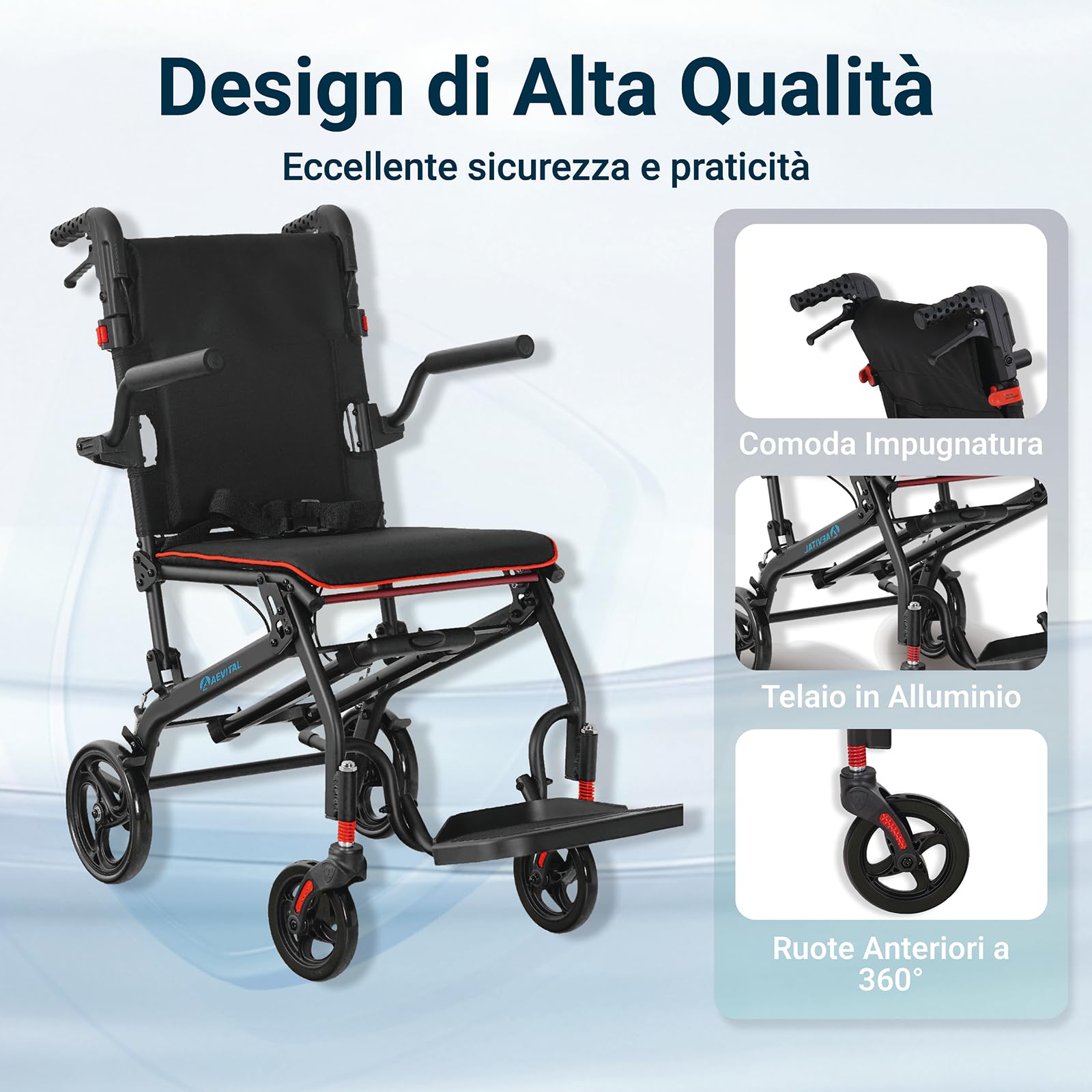 Sedia a Rotelle Pieghevole Sedia a Rotelle Trasporto Stretta Sedia a Rotelle pieghevole super-leggera da transito in alluminio per Disabili e Anziani Ergonomia Portata Massima 100 kg (Nero)