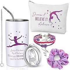 Sieral 4 Pieces Gymnastics Gifts for Girls Gymnastics Stuff 14oz Water Bottle Makeup Bag Hair Scrunchies Bracelet Sports Accessories for Girls Birthday Team Lovers (Light Purple)