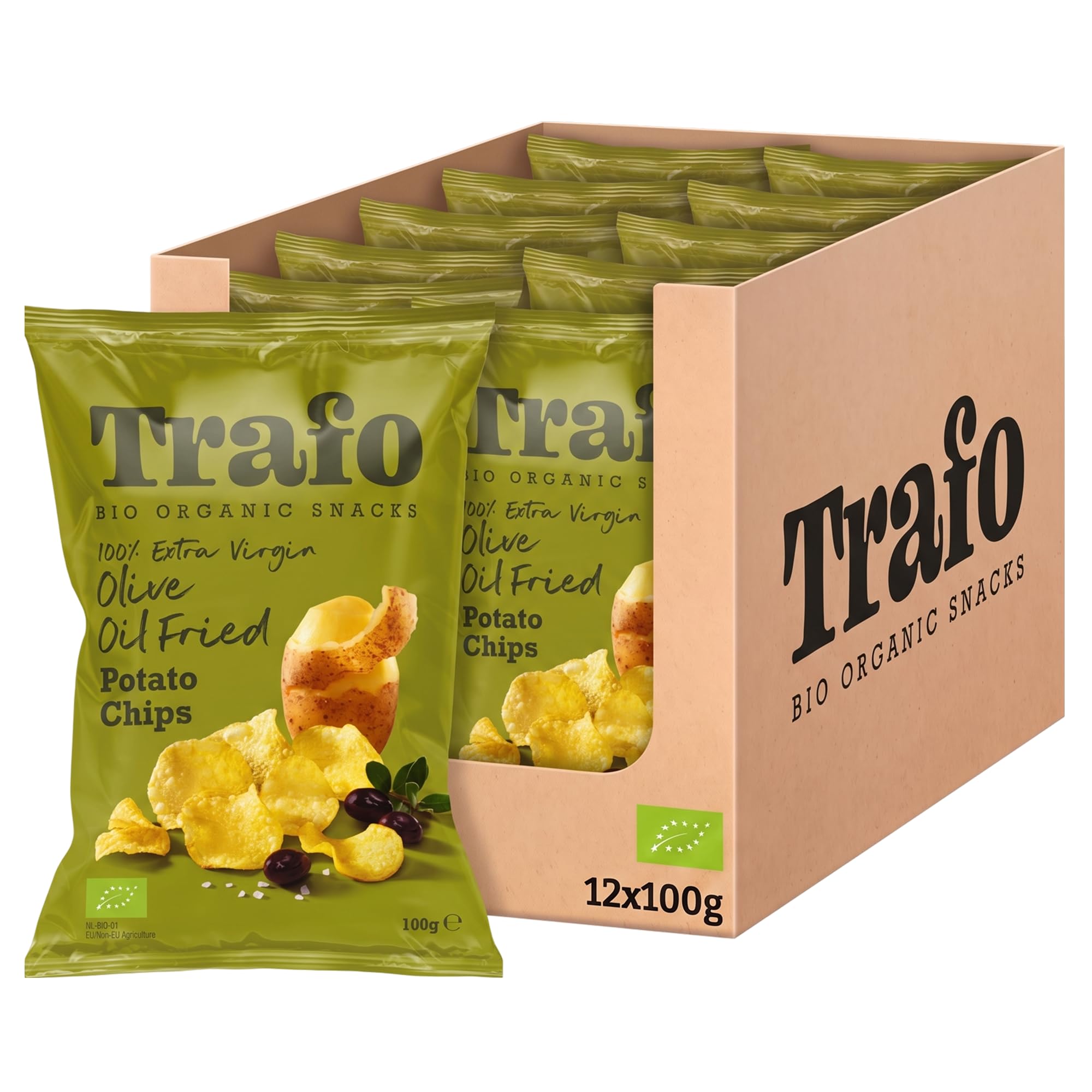 Trafo Bio Kartoffelchips in nativem Olivenöl extra frittiert, 12 x 100 g (1,2 kg)