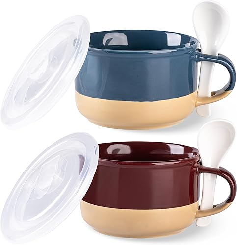 GBHOME Taza de sopa de cerámica con asa y tapa, tazas de sopa de 24 onzas para sopa, cereales, ensalada, fideos, ramen, etc. Apto para microondas,