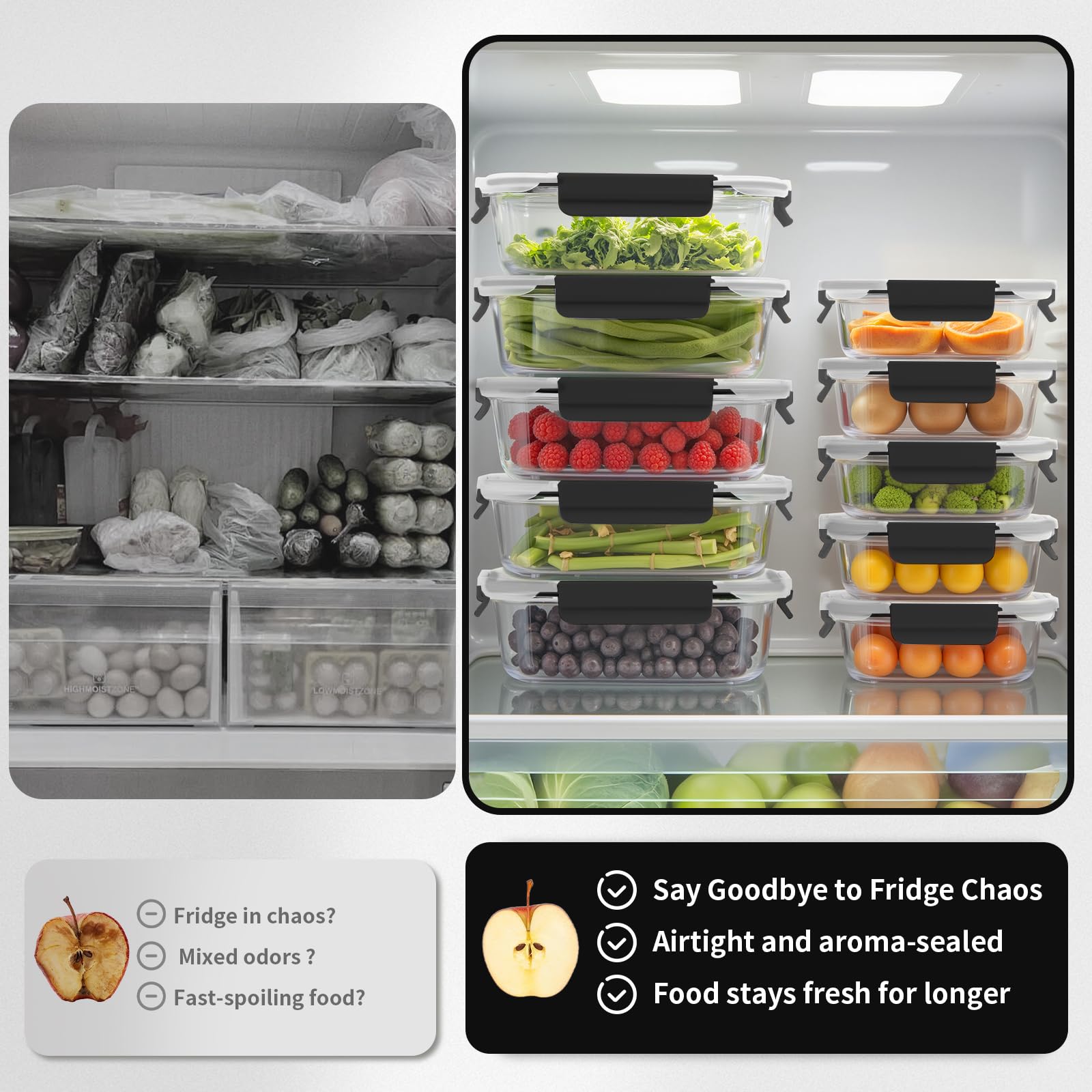 10 Pack Glas Meal Prep Containers, Glas Frischhaltedosen mit Deckel Luftdicht, Glas Vorratsdosen Set mit Deckel für Lebensmittel, BPA-frei, auslaufsicher, Mikrowelle Ofen Gefrierschrank