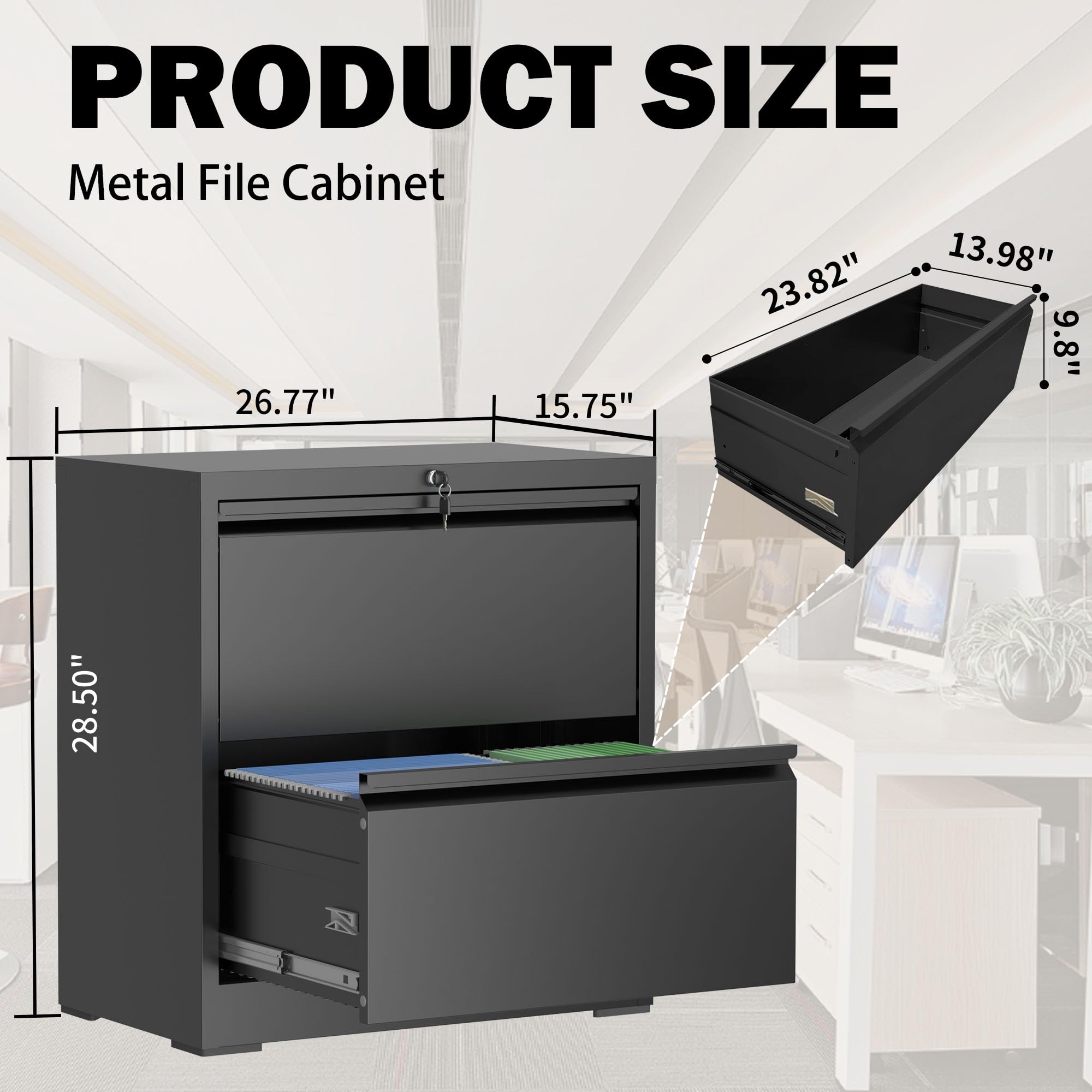Lateral File Cabinet with Lock, 2 Drawer Filing Cabinet, Metal File Cabinets for Home Office, Steel Heavy-Duty Filing Storage Cabinet for Letters/Legal/A4 (Require Assembly, Black)