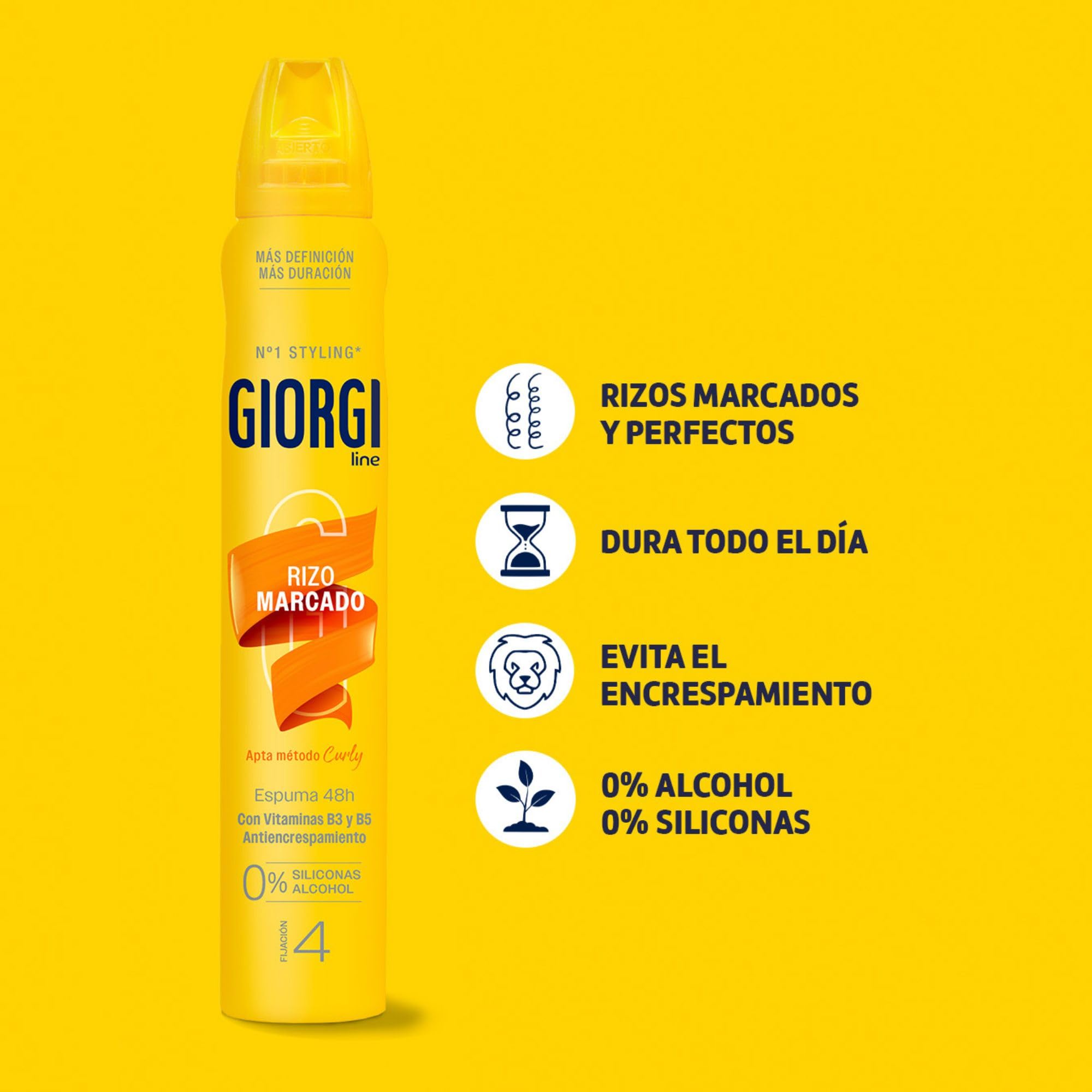 Giorgi Line - Espuma Rizo Marcado 48h, Anti Escrespamiento e Hidratación, 0% Siliconas y Alcohol, Fijación 4 - Formato Viaje, 100 ml