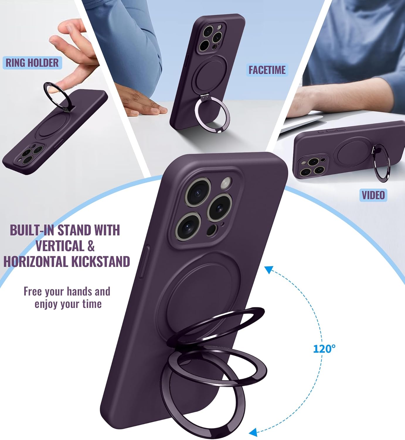 Compatible with iPhone 14 Pro Max Case Stand, Slim Full Camera Protection Liquid Silicone Phone Case Suitable for iPhone 14 Pro Max Compatible with MagSafe Ring Magnetic Kickstand, Purple