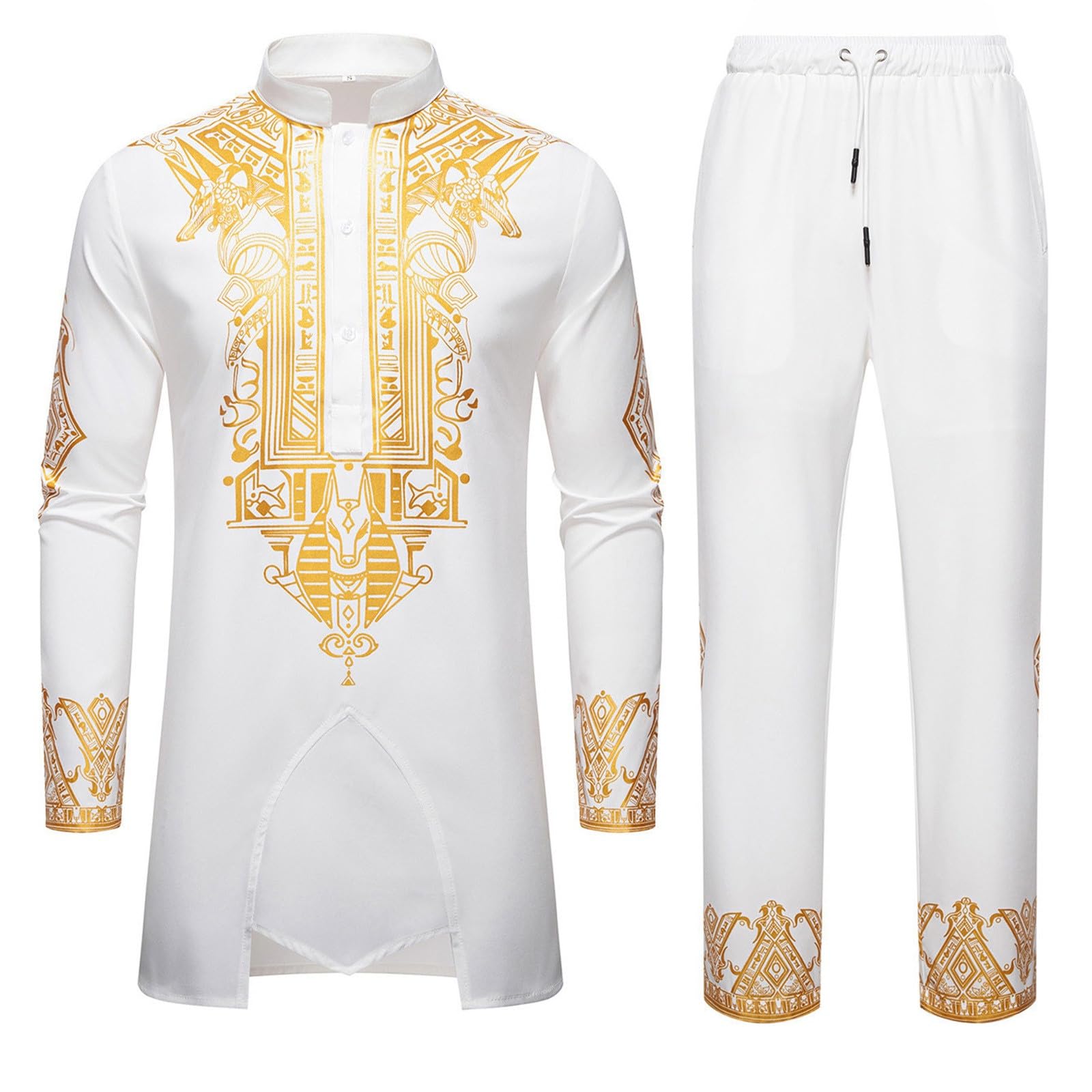 Camicia Casual da Uomo in Stile Nazionale Africano con Colletto Alto e Stampa in Oro Caldo