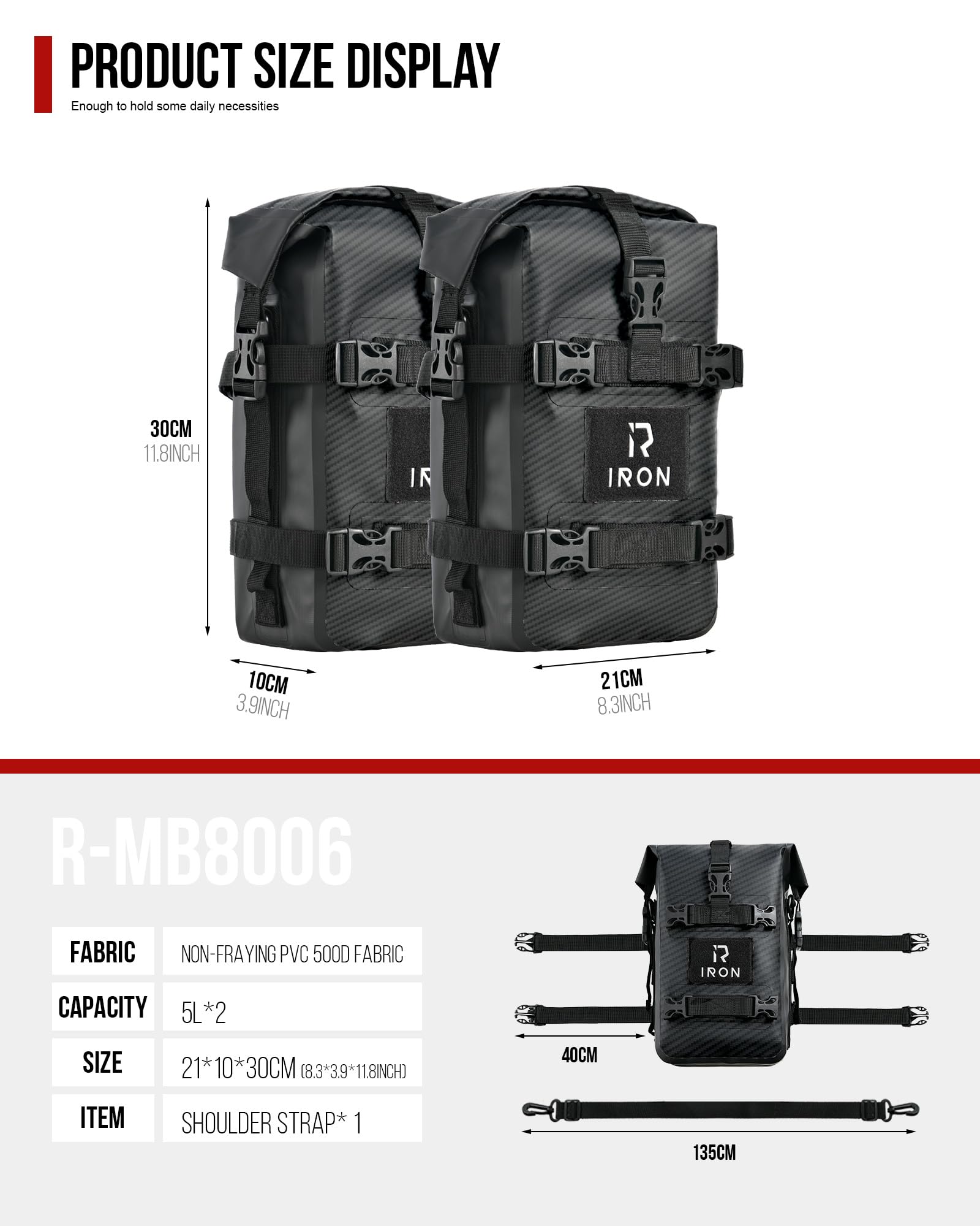 RIDEIRON Alforjas para Crash Bar Moto – 2×5L Impermeables, Bolsas Laterales Universales, Montaje Rápido, PVC 500D, para Aventureros y Viajeros Urbanos (Fibra de Carbono)
