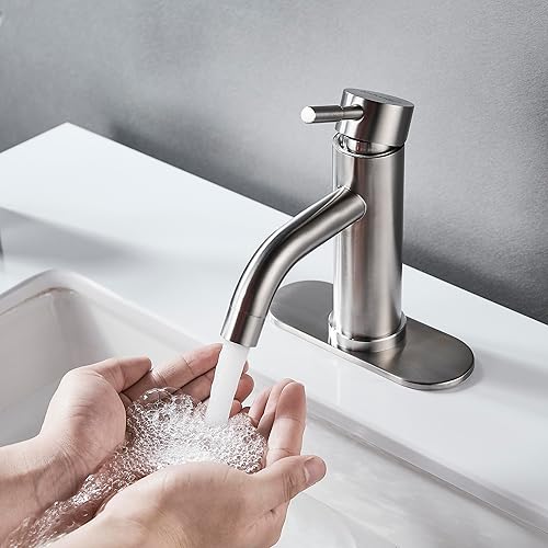 Miniatura 2 de Grifo de lavabo de baño de un solo agujero, níquel cepillado, moderno grifo de baño de una sola manija comercial de acero inoxidable con drenaje
