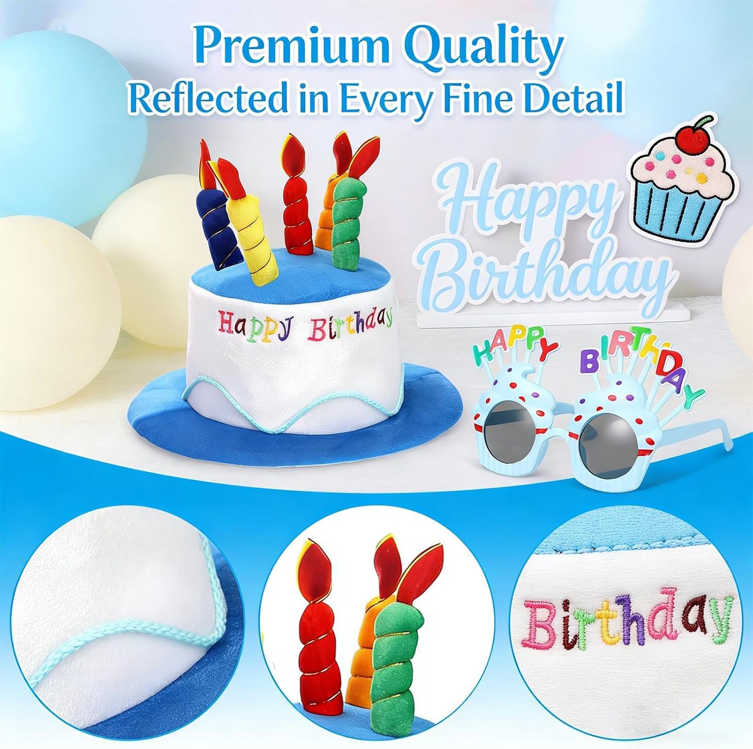 Okllen Birthday Hats Set of 2 for Adults, Plush Cake Hats with Sunglasses, Funny Party Novelty Hats for Birthday Party Favors, Blue & Pink image 3